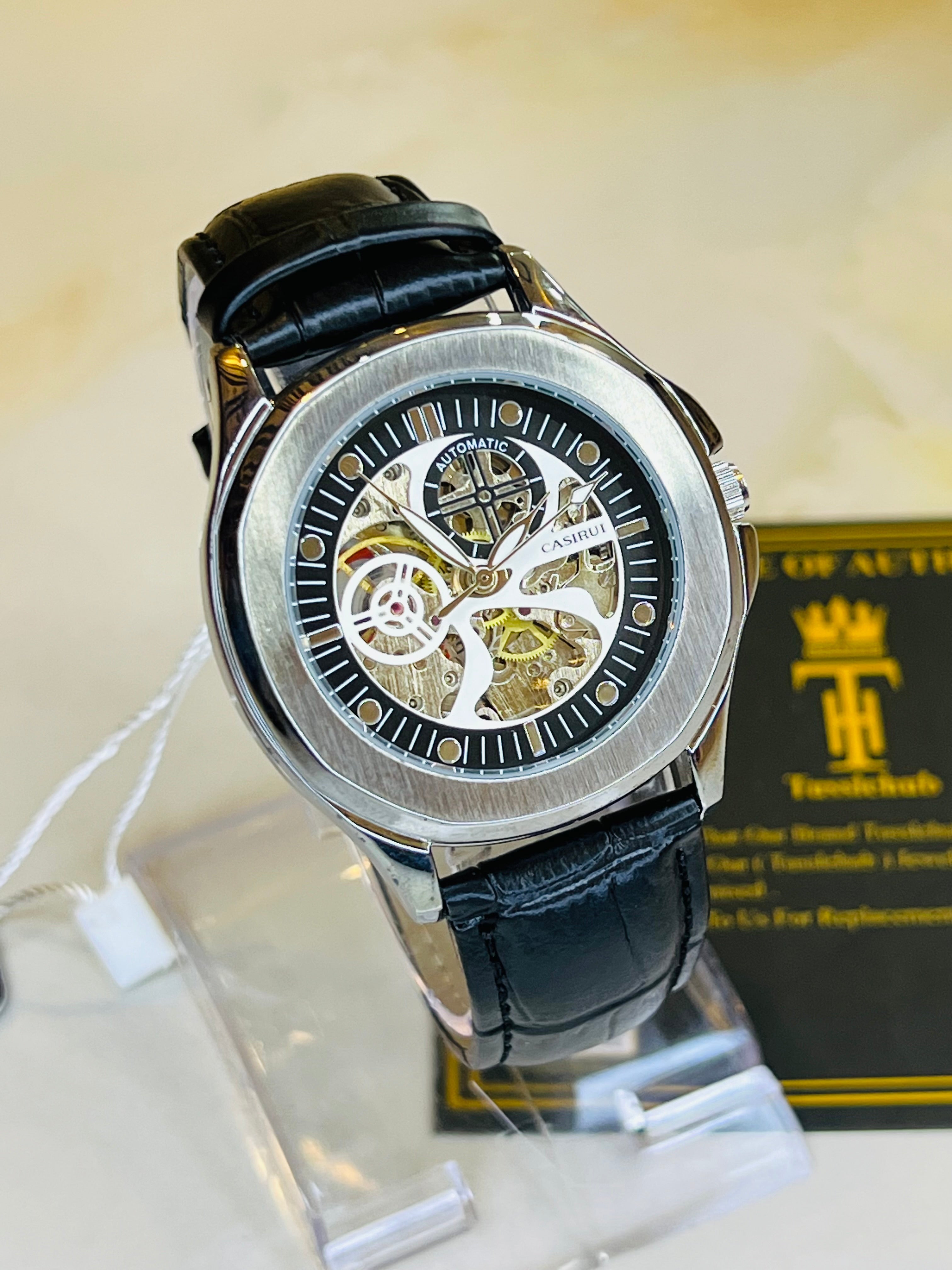 Casirui Black Silver Automatic Skeleton Leather watch
