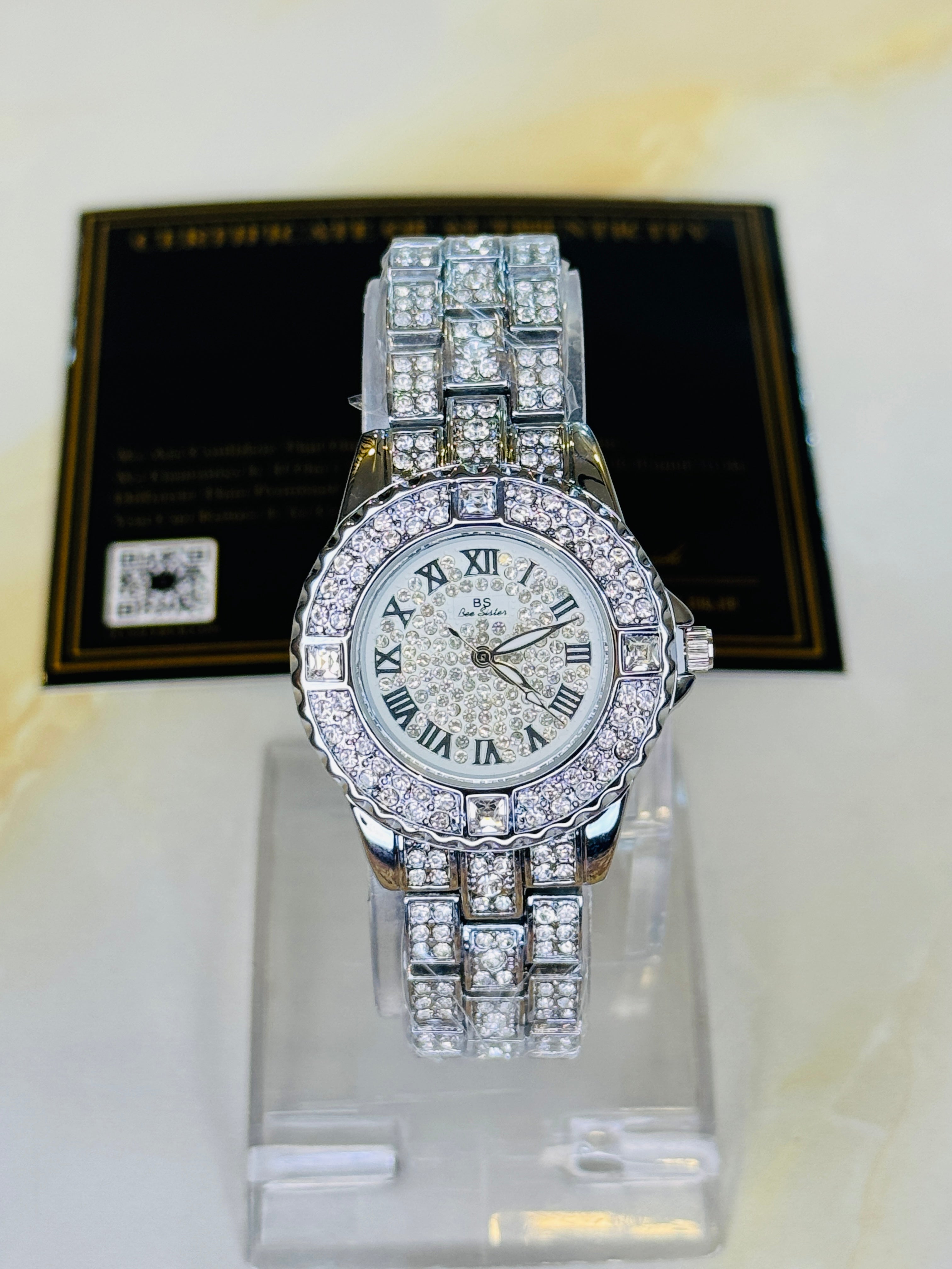 Silver Roman Iced Out Watch For Her