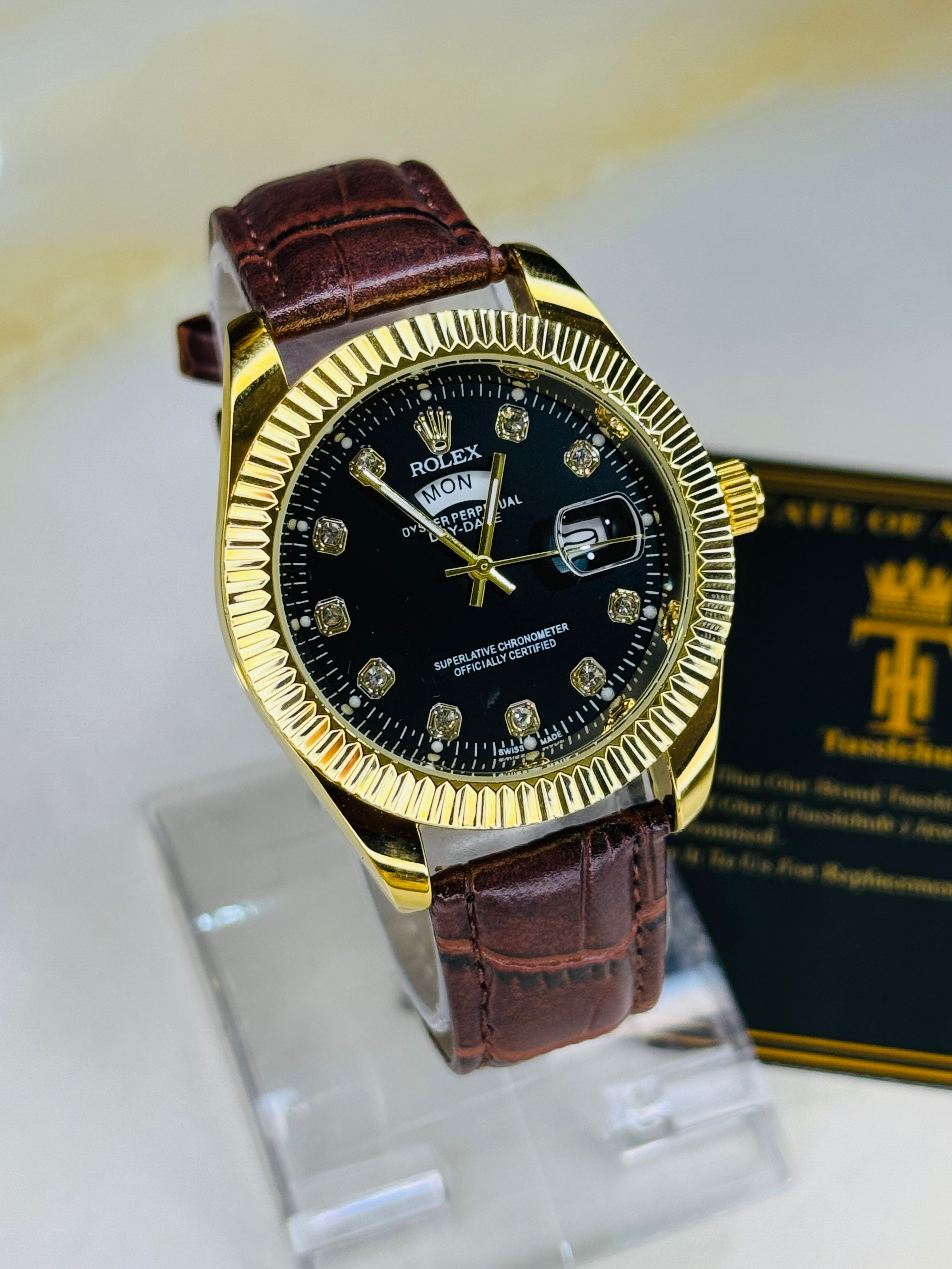 Brown Gold Black Day Date Leather Rolex Watch
