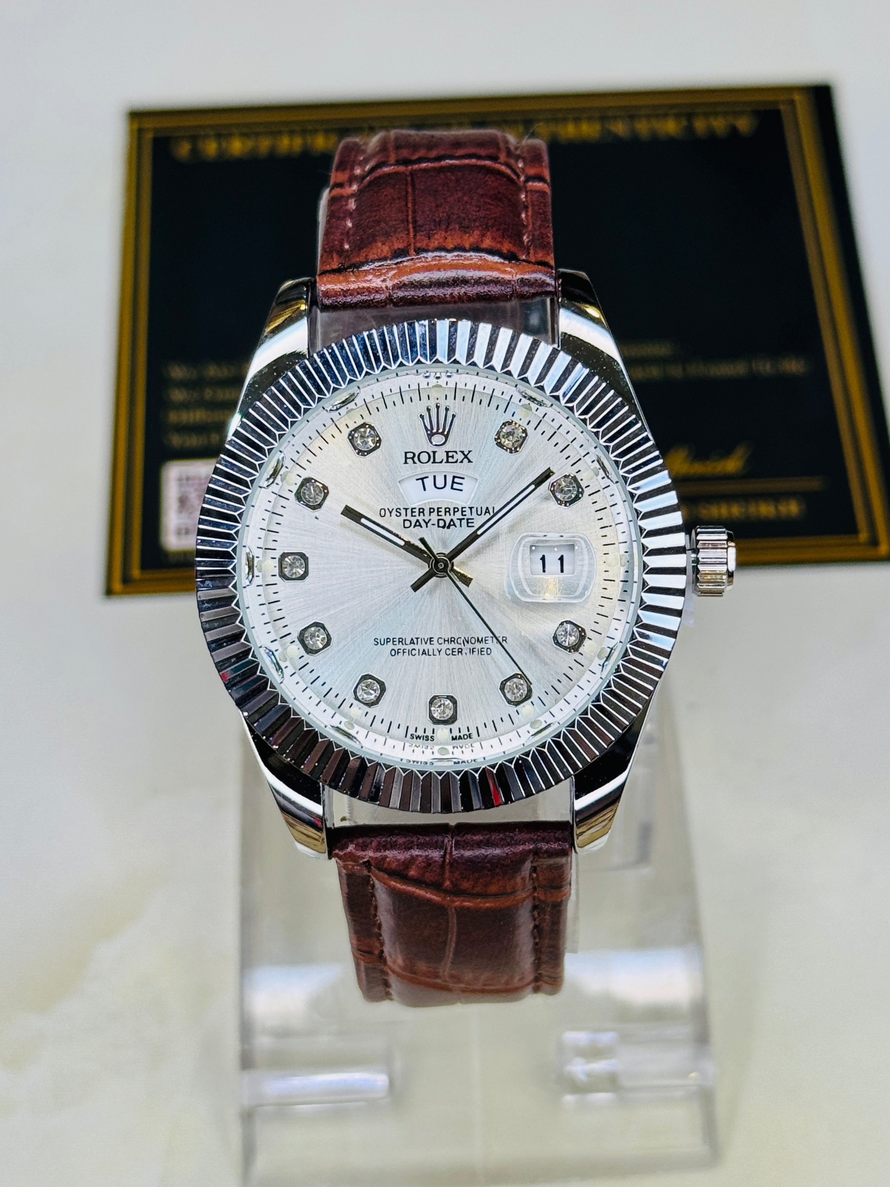 Brown Silver White Day Date Leather Rolex Watch