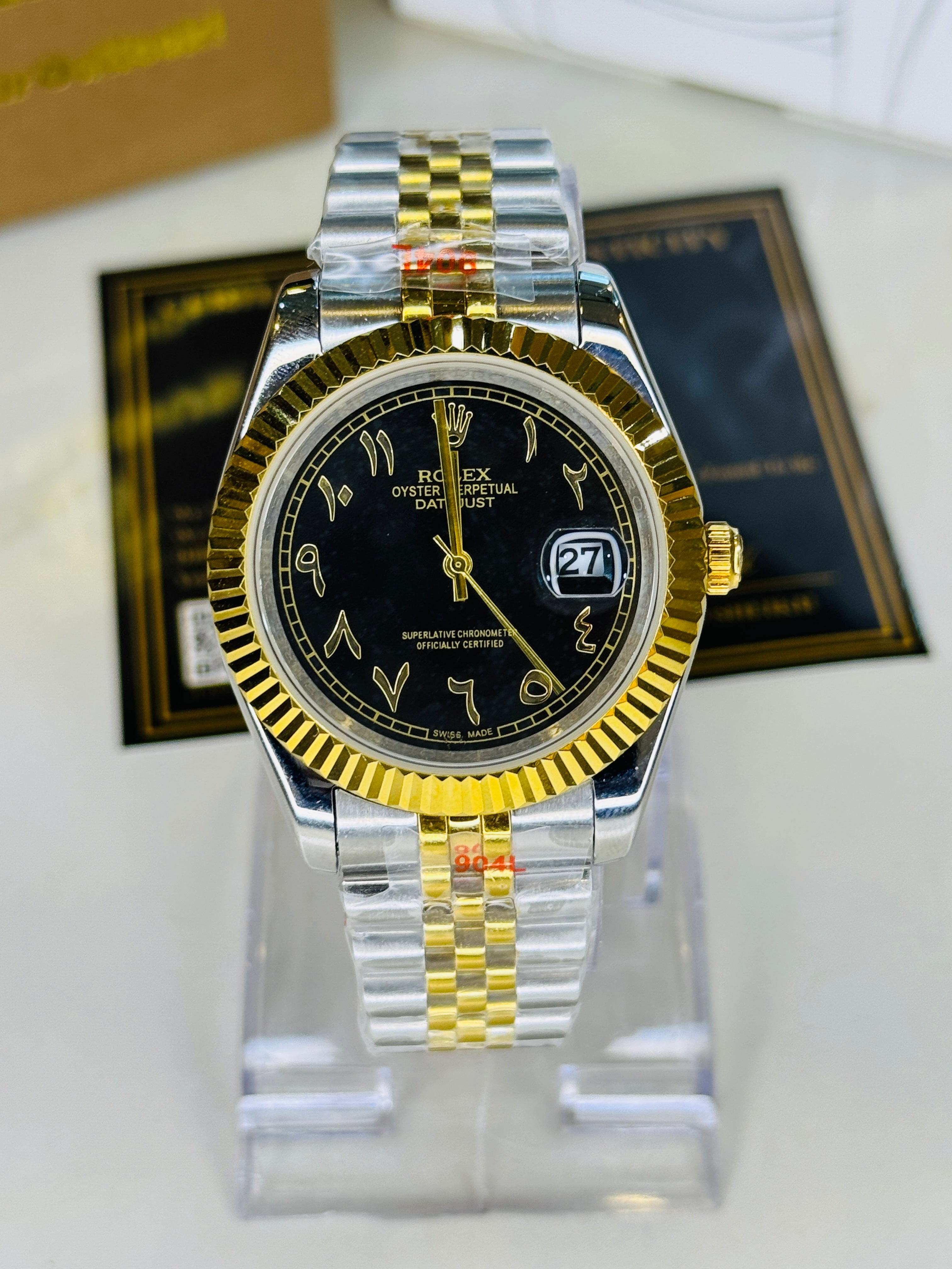 Jubilee Date Just Two Tone Arabic Fluted Black Dial Quartz Watch