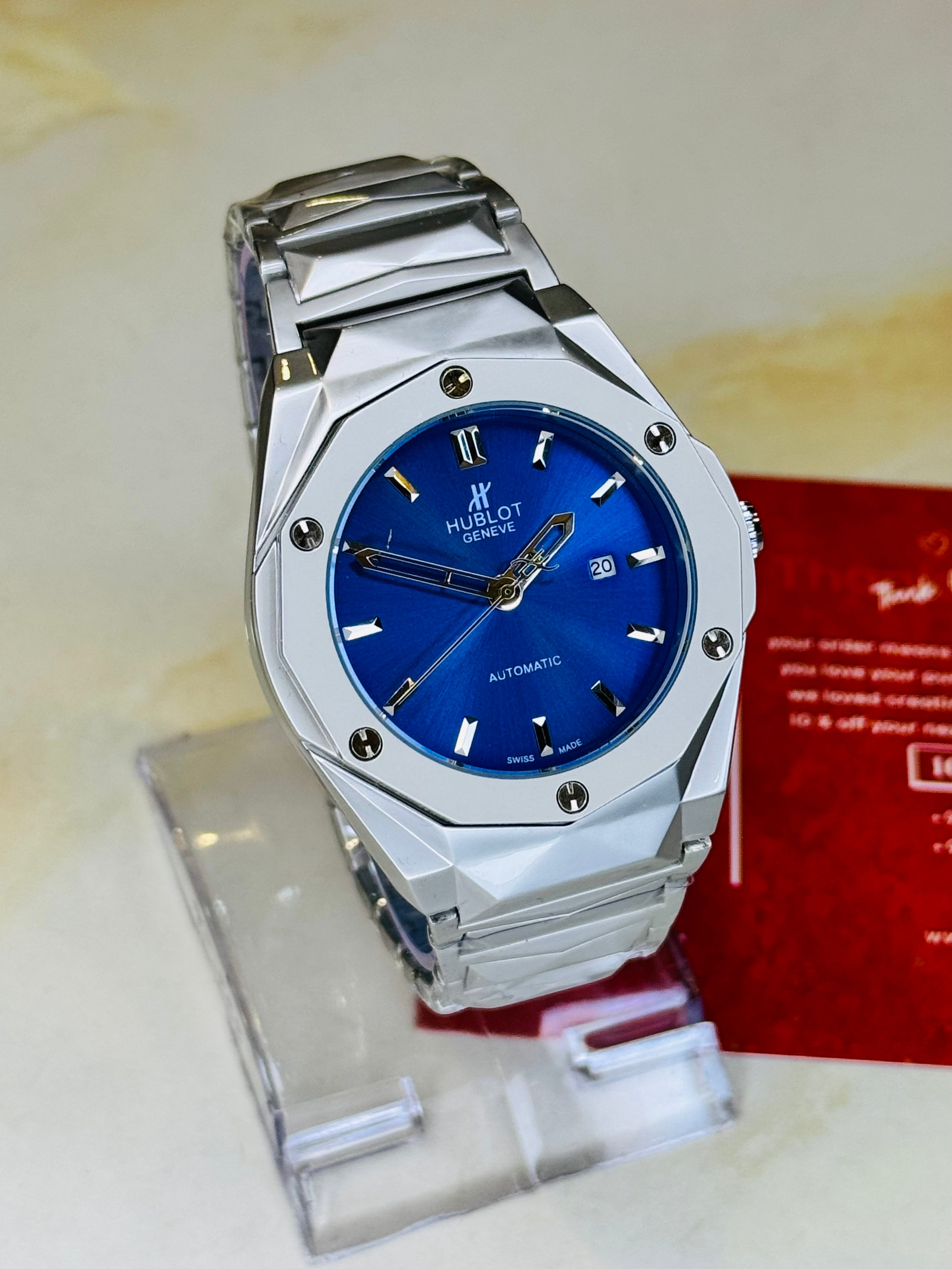 Silver Prism Chain Strapped Sapphire Dial Hublot Watch