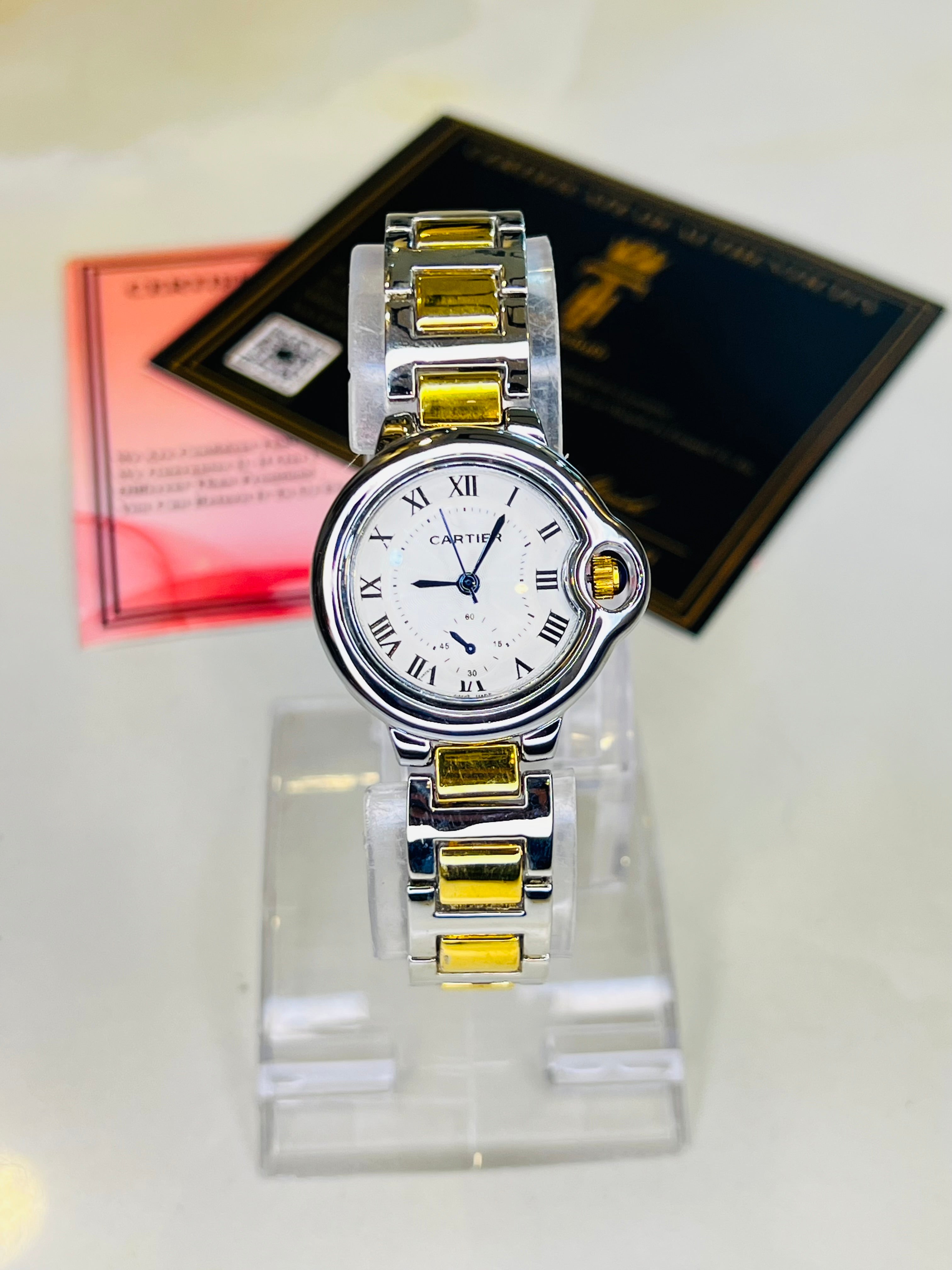 Cartier Silver Gold White Down Second Dial Watch For Her