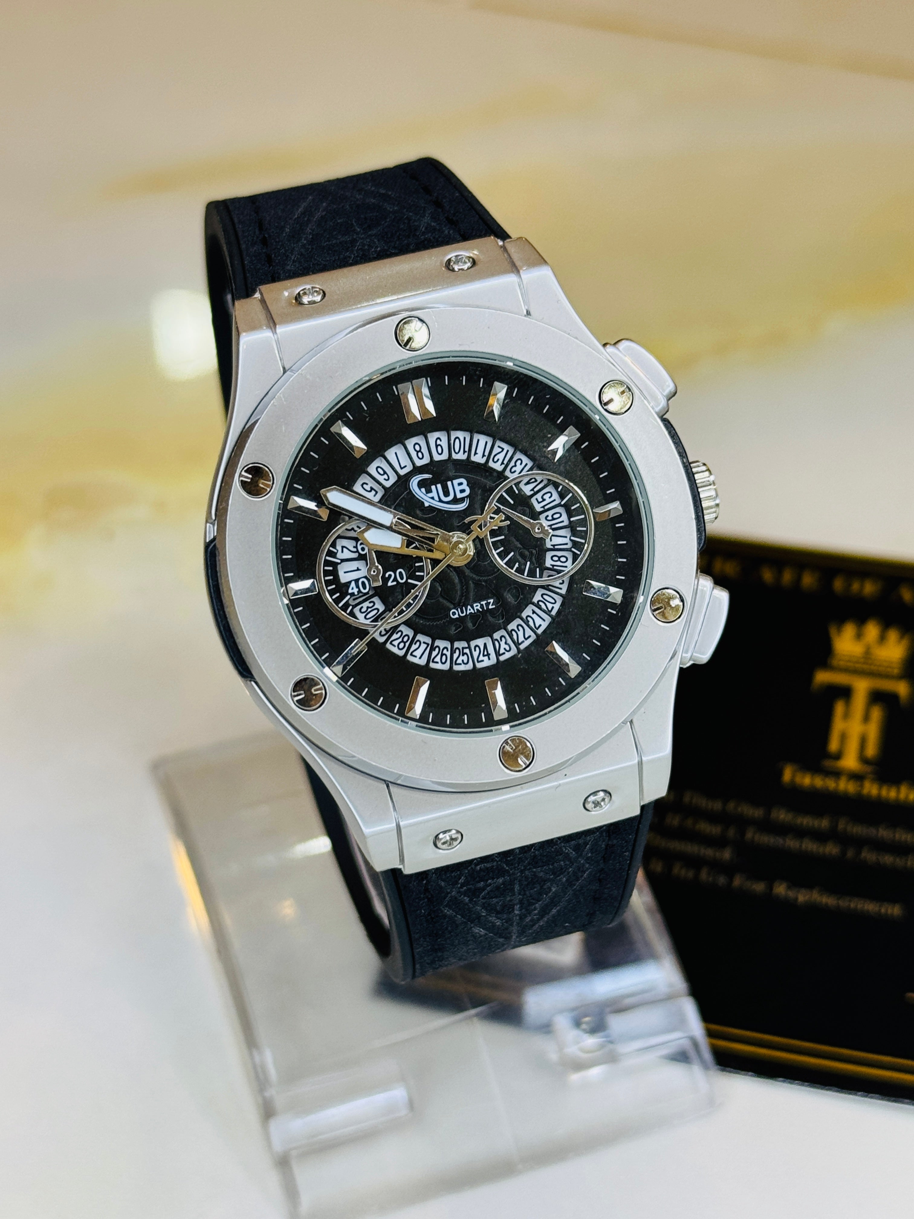 Black Silver Black Hologram Hublot Leather Strap Watch