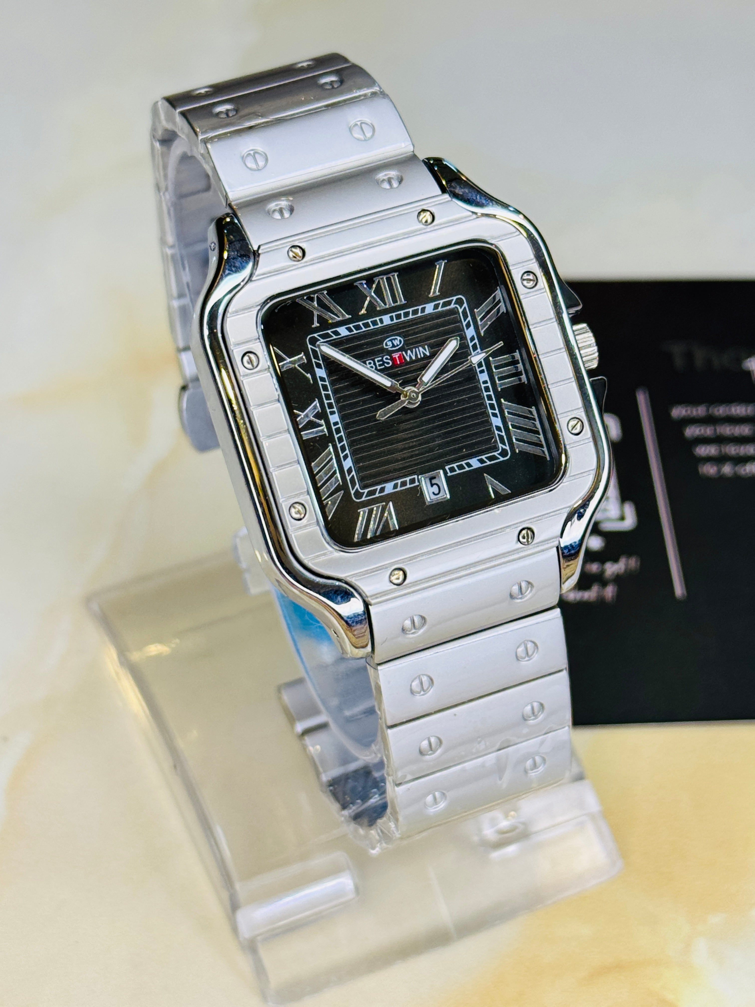 Matte Silver Santos Black Dial Watch