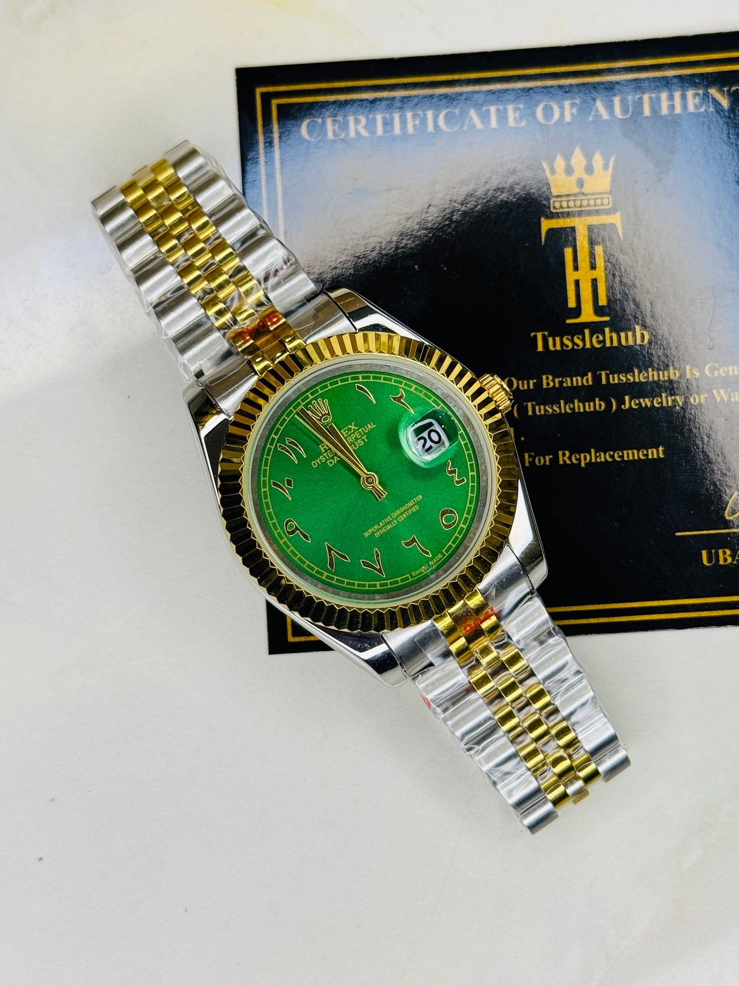 Jubilee Date Just Two Tone Arabic Fluted Green Dial Quartz Watch