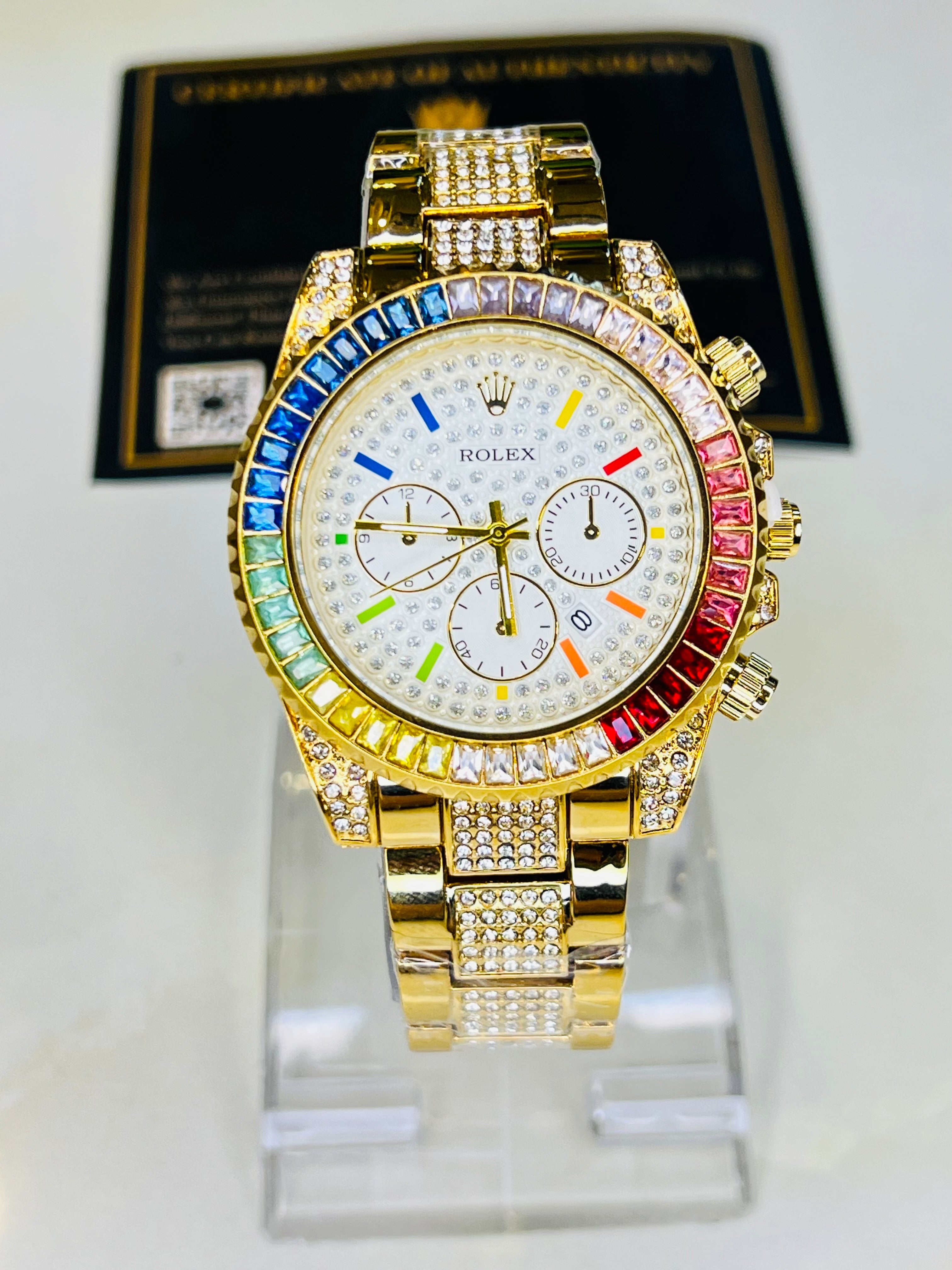 Gold White Rainbow Rolex Iced Out Watch