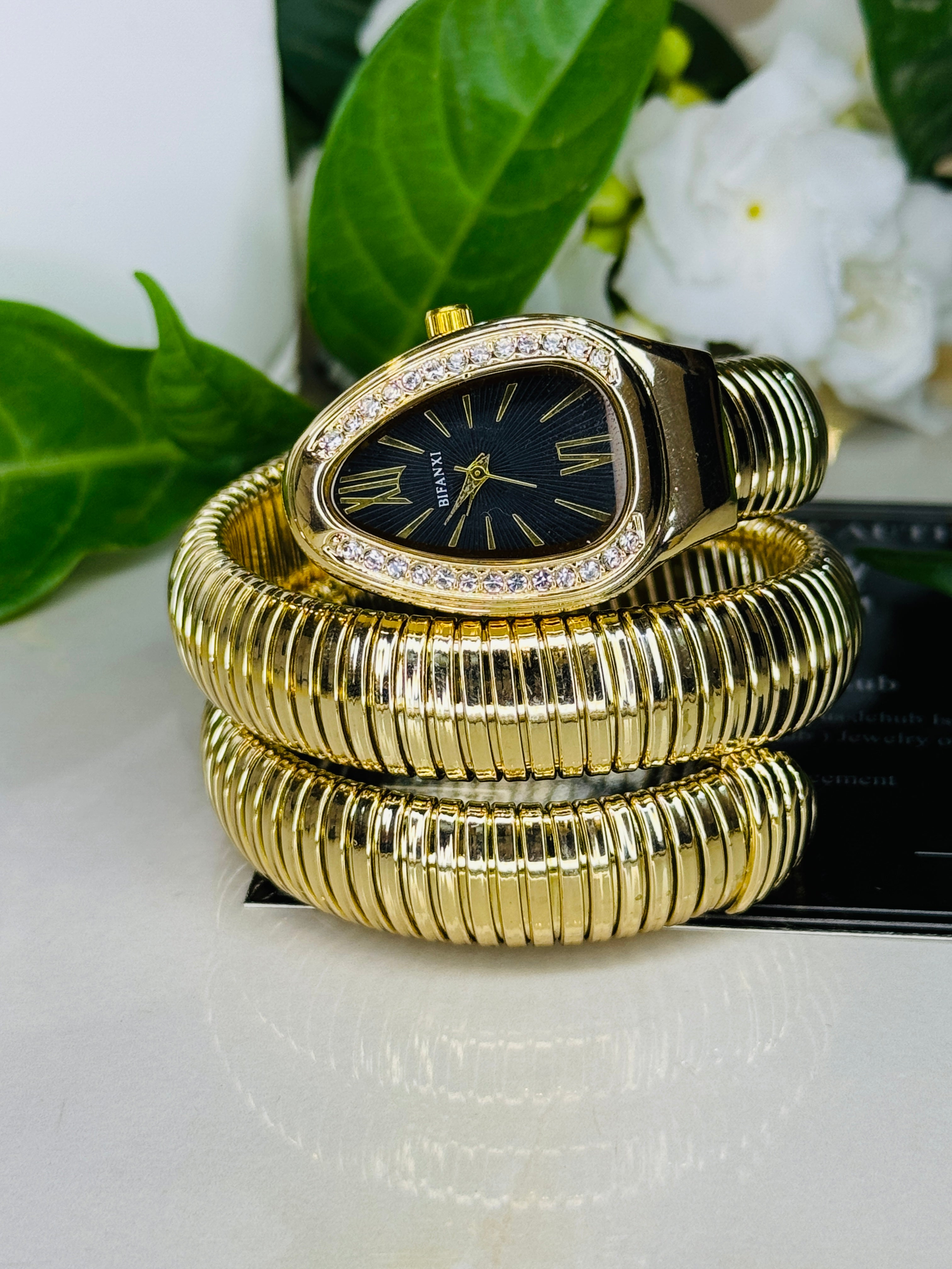 Gold Black Serpentine Watch For Her