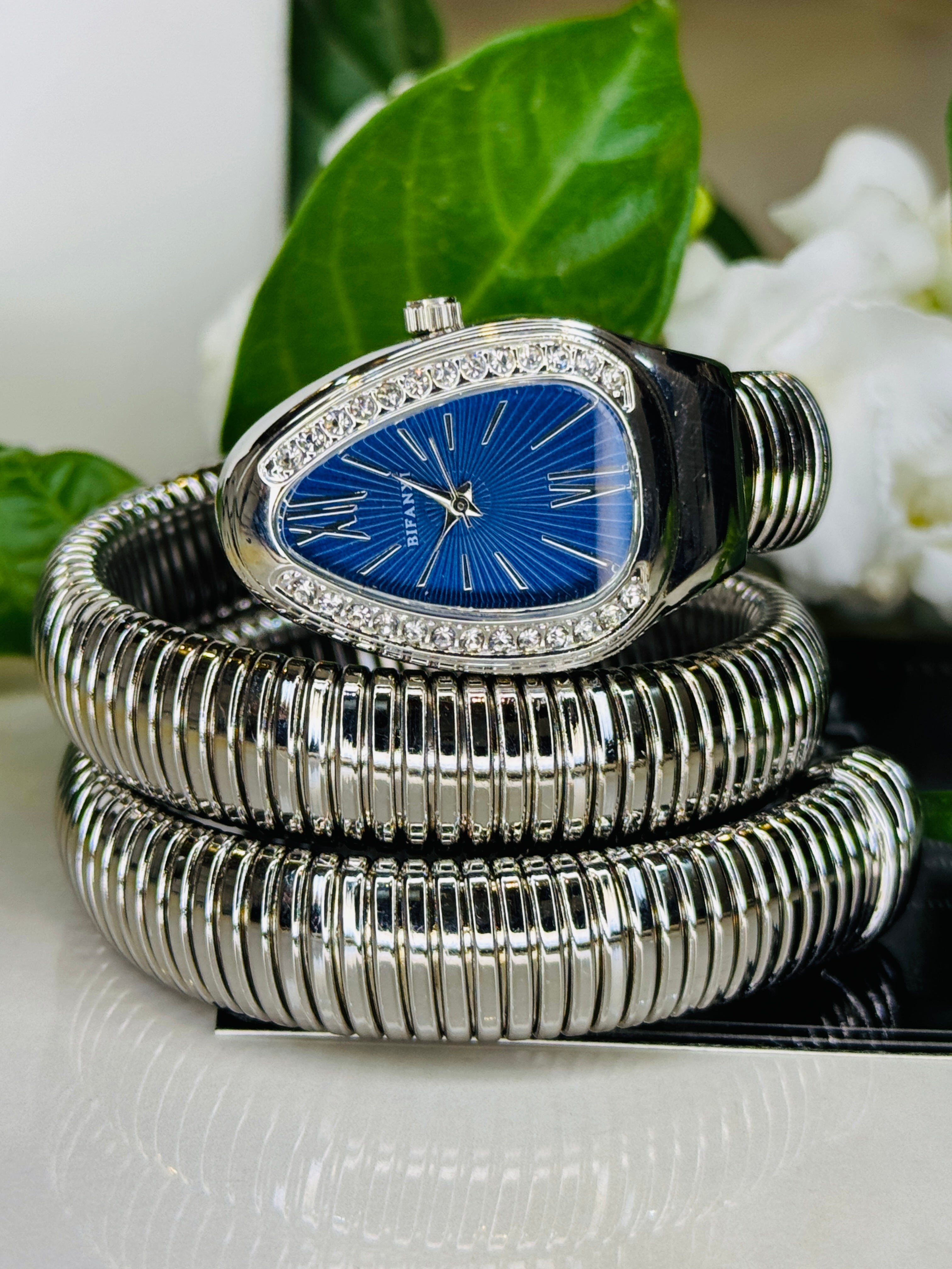 Silver Sapphire Serpentine Watch For Her