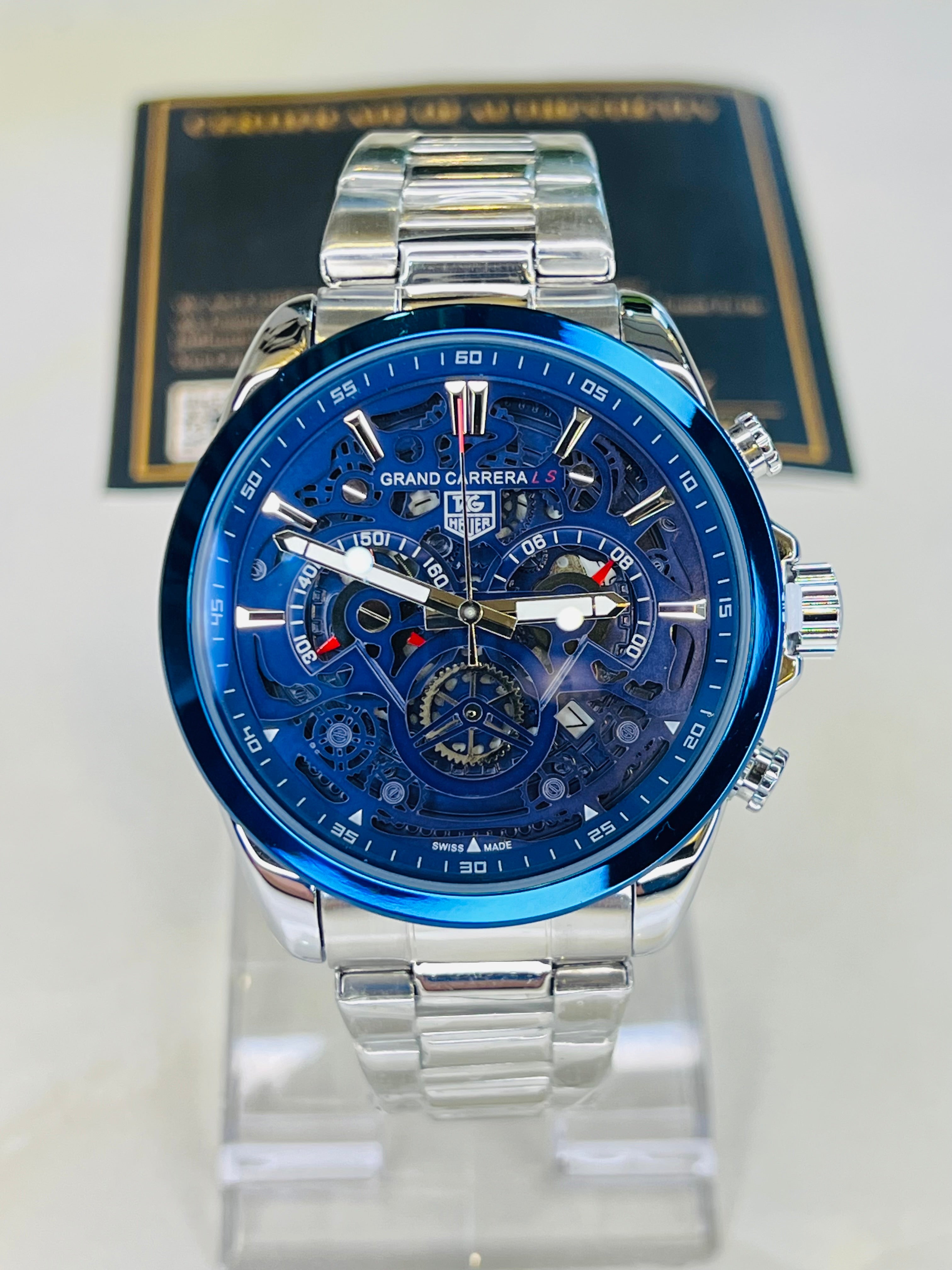Silver Blue Grand Carrera Chain Strap Chronographs Watch