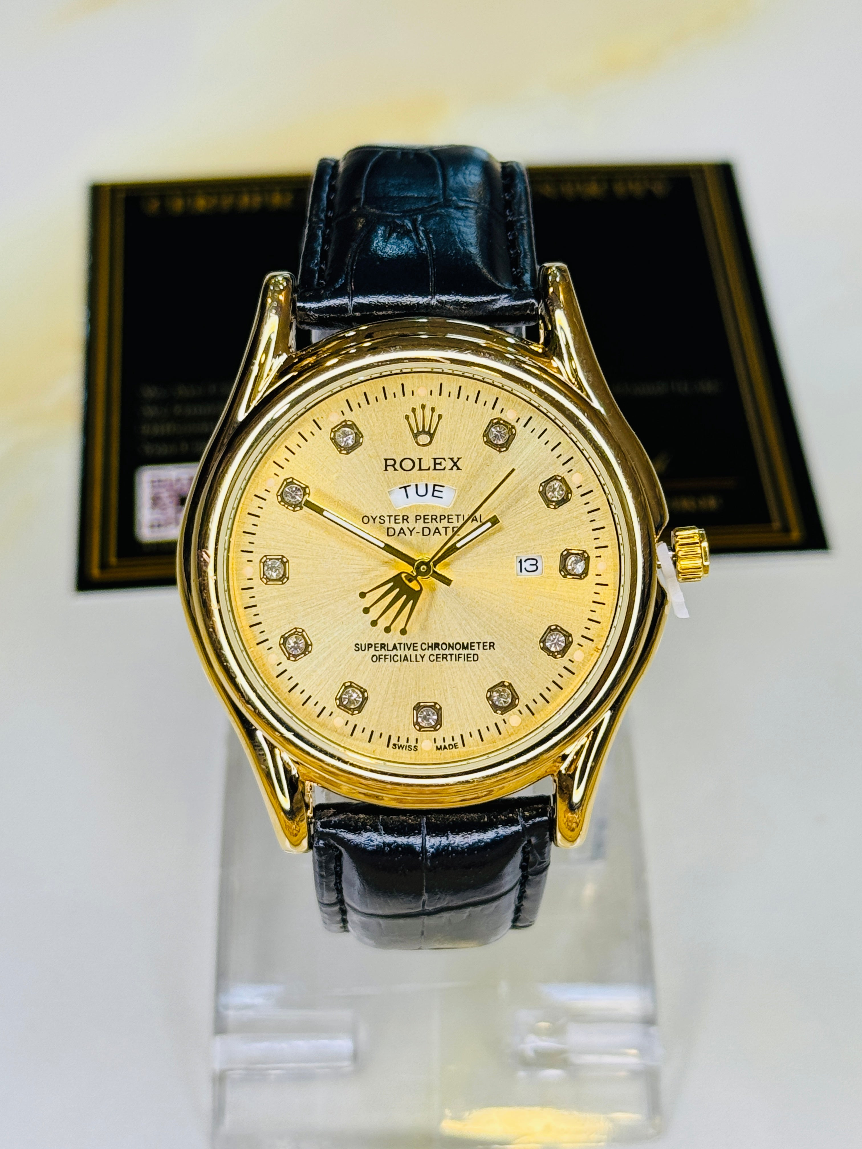 Black Gold Dial Round Leather Rolex Watch