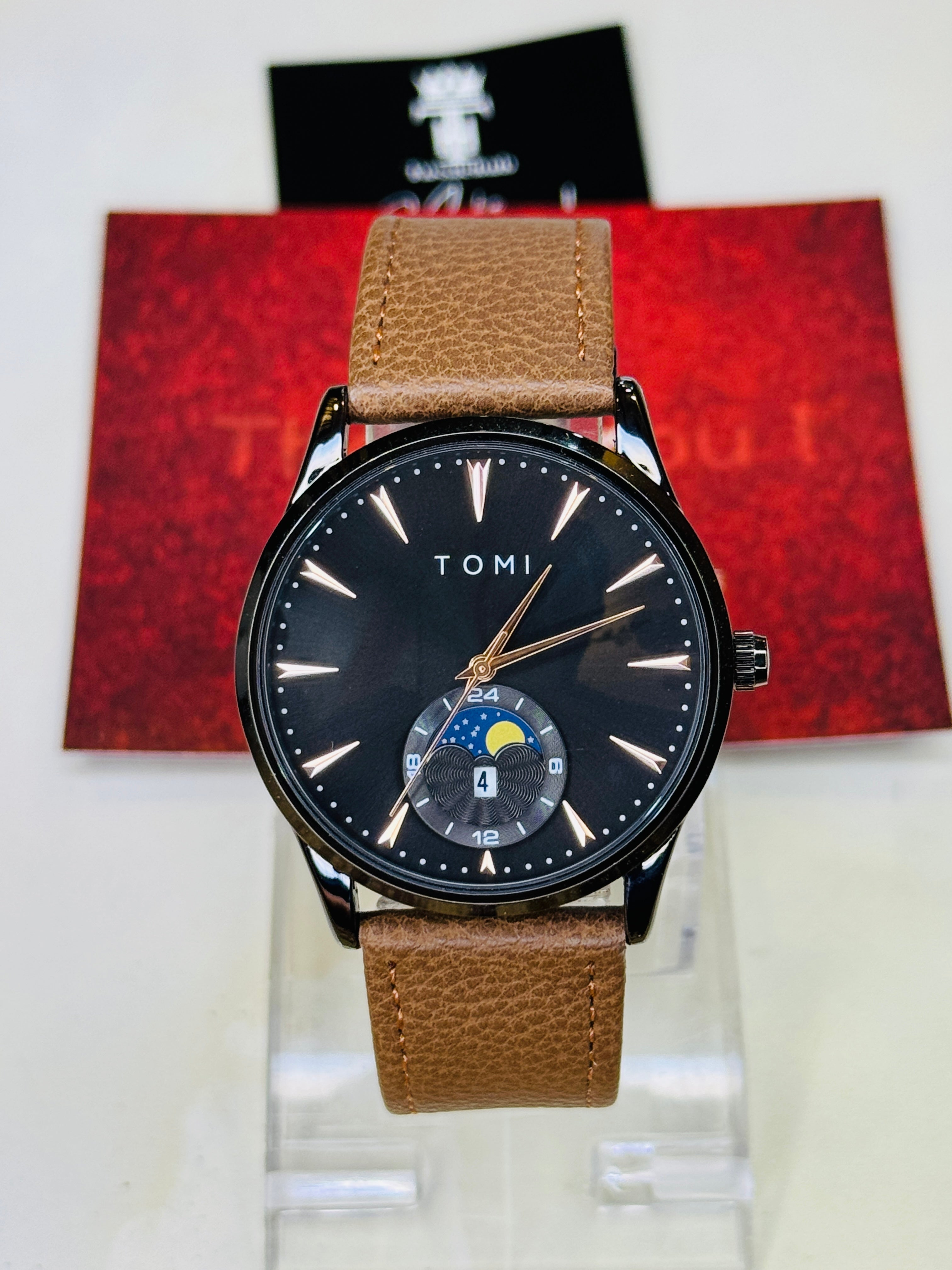 Tomi Brown Black Leather Magnetic Strap Watch