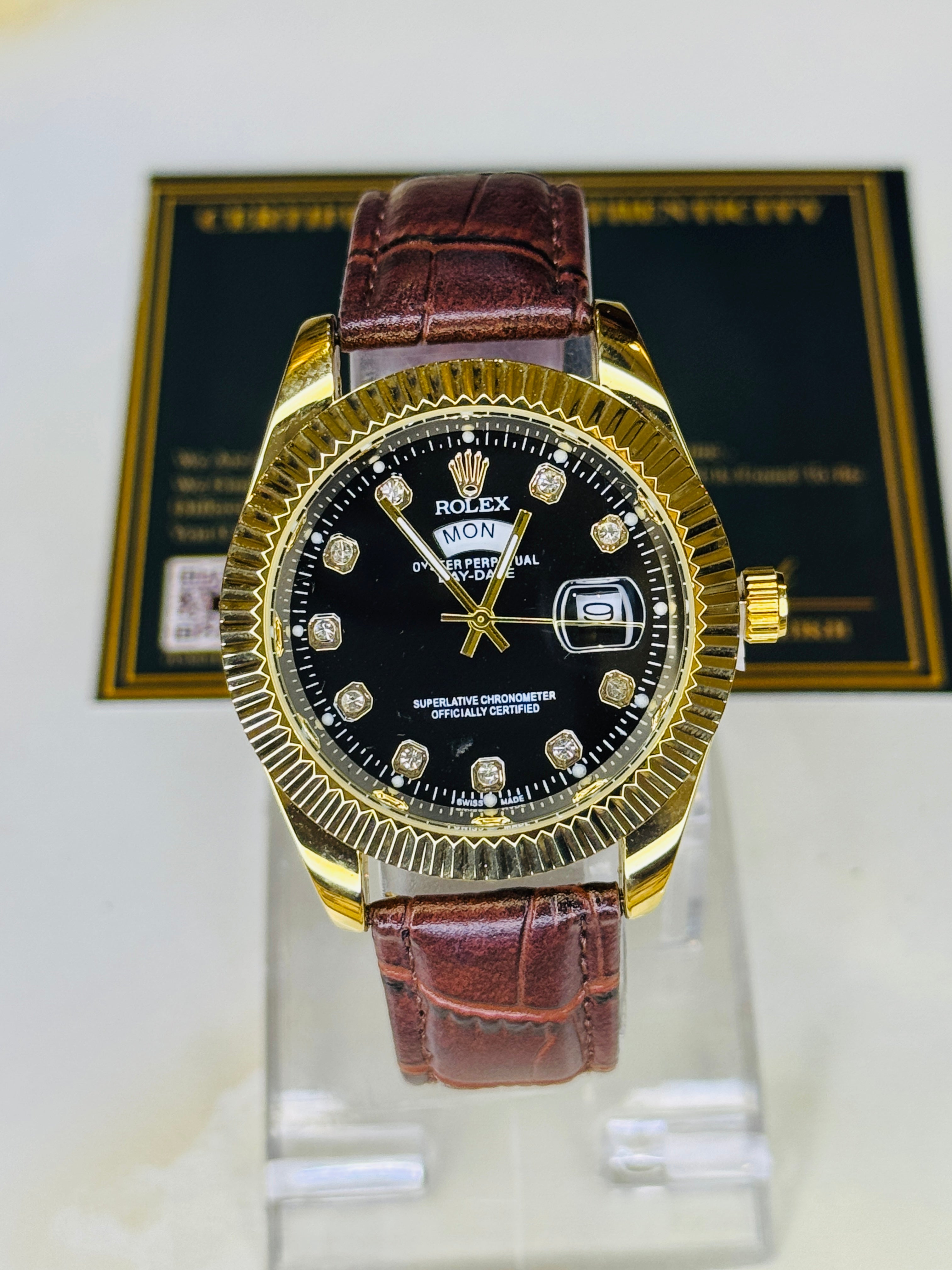 Brown Gold Black Day Date Leather Rolex Watch