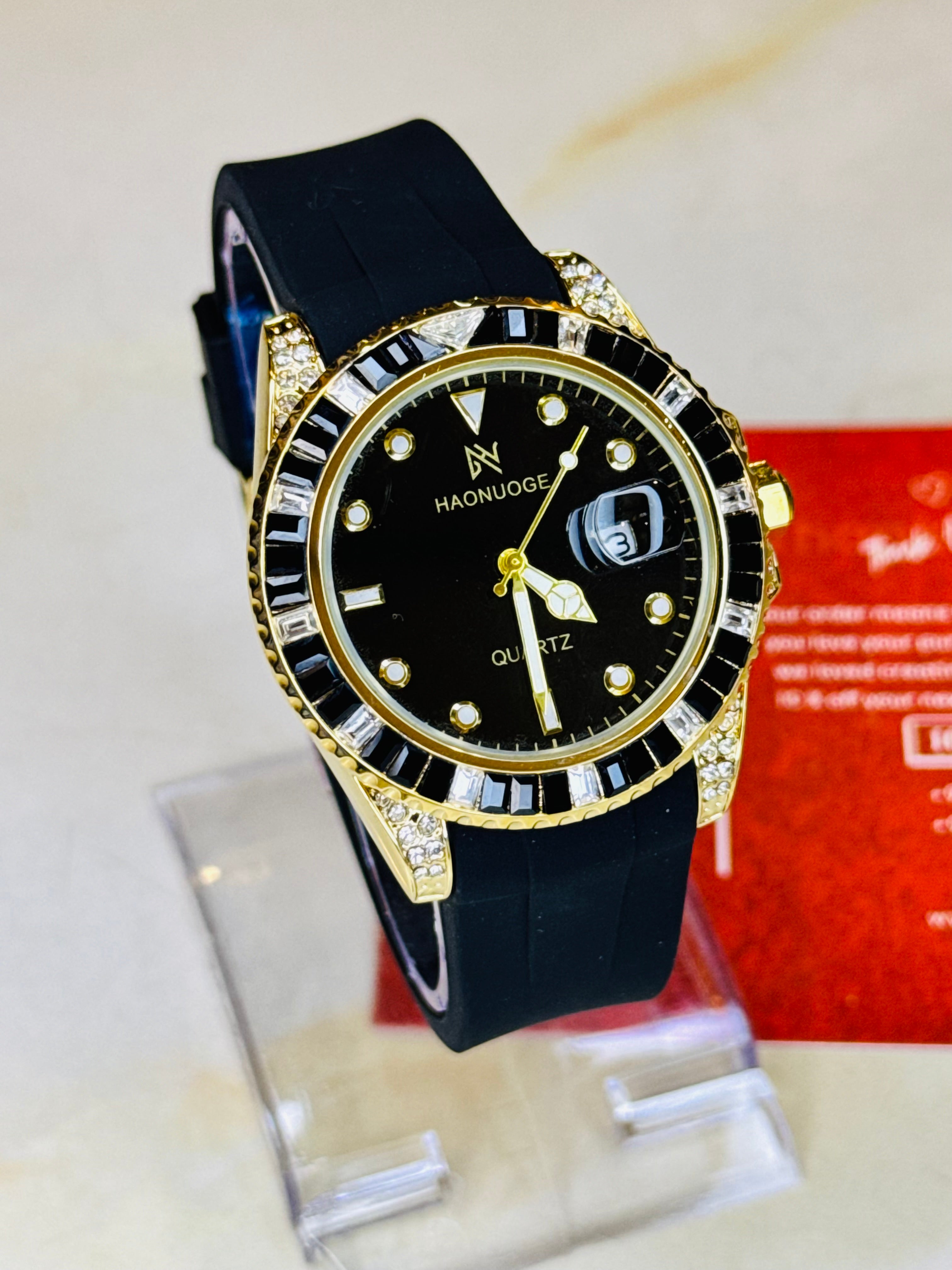 Onyx Gem Stones Gold Bezel Watch