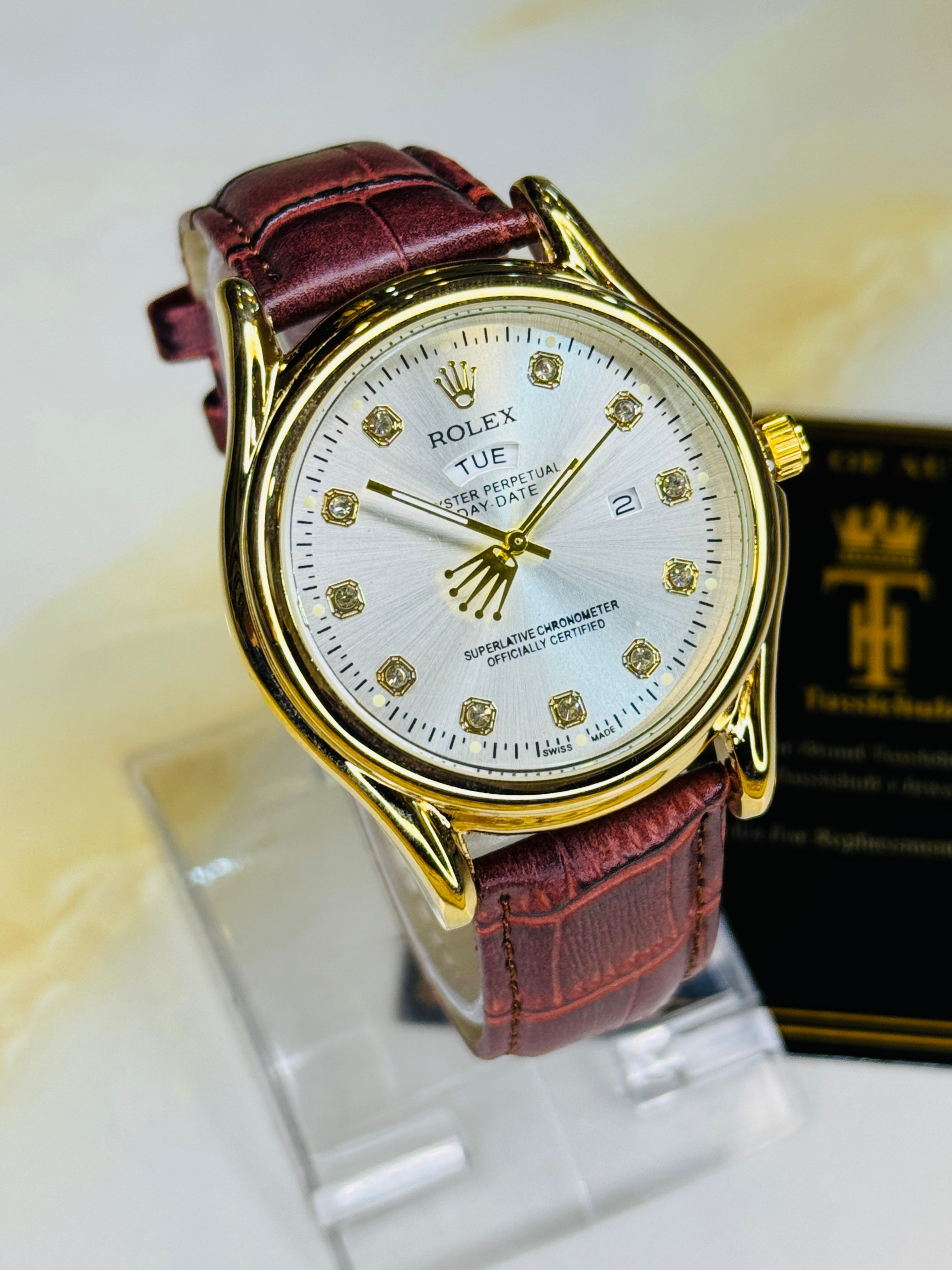 Brown Gold White Round Leather Rolex Watch