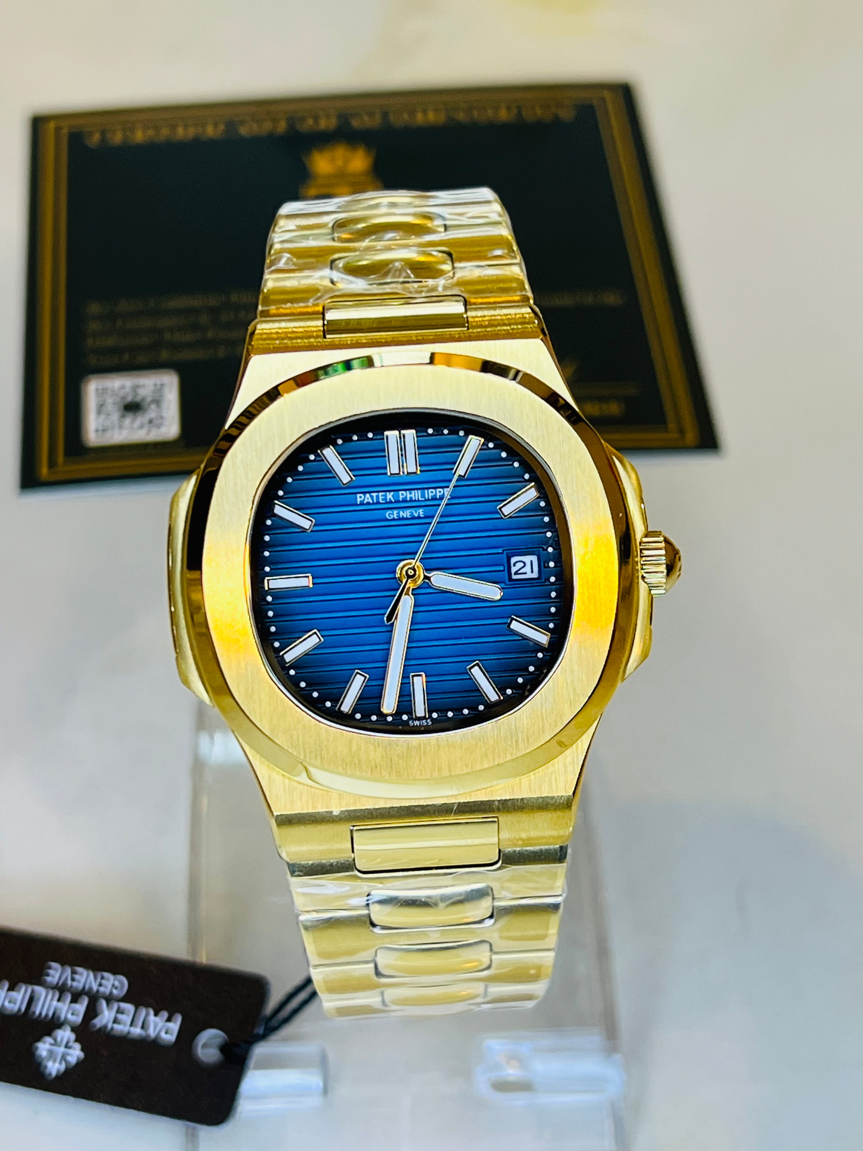 Gold Sapphire Blue Automatic Nautilus Super Clone Watch