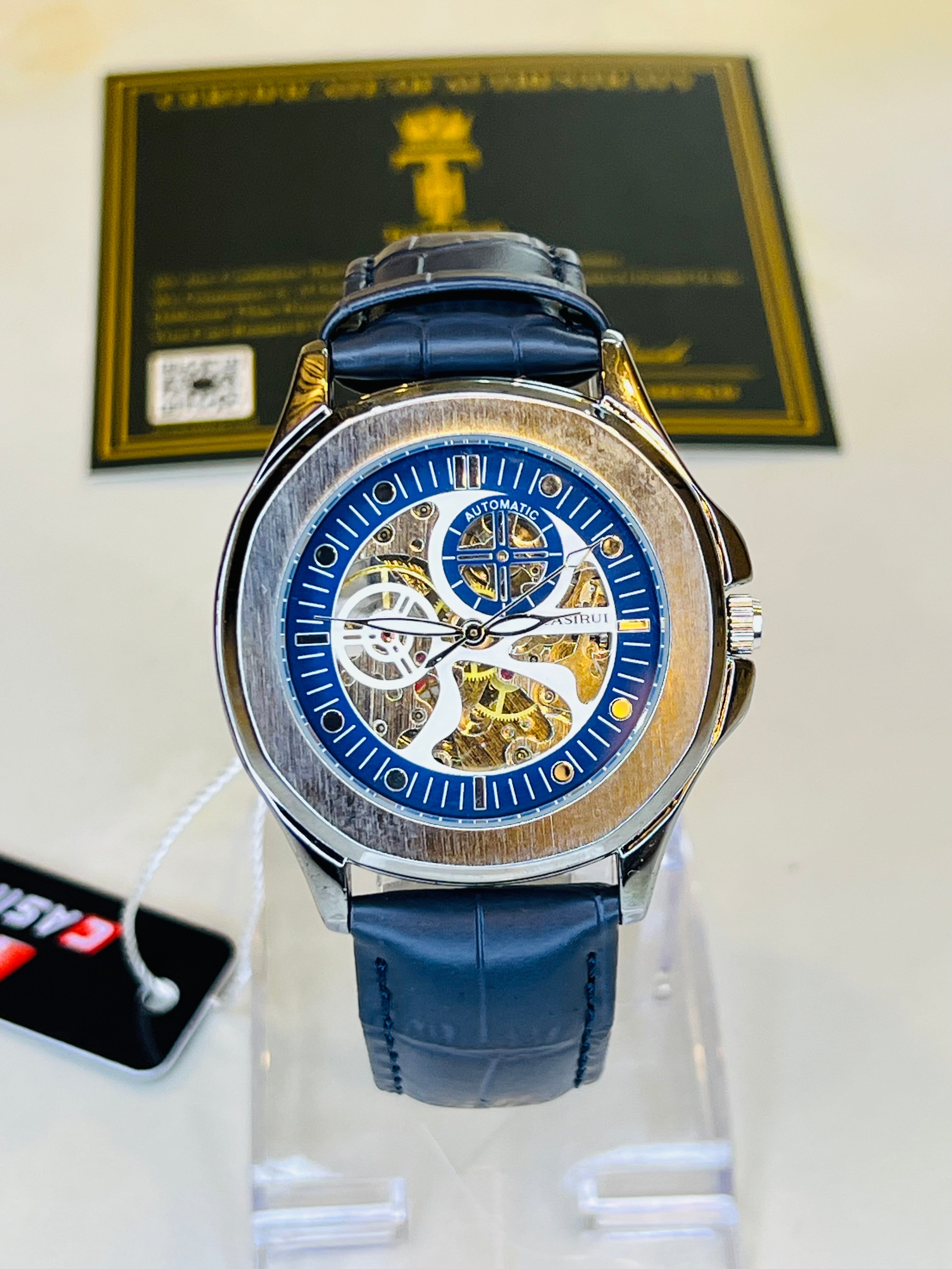 Casirui Blue Silver Automatic Skeleton Leather watch