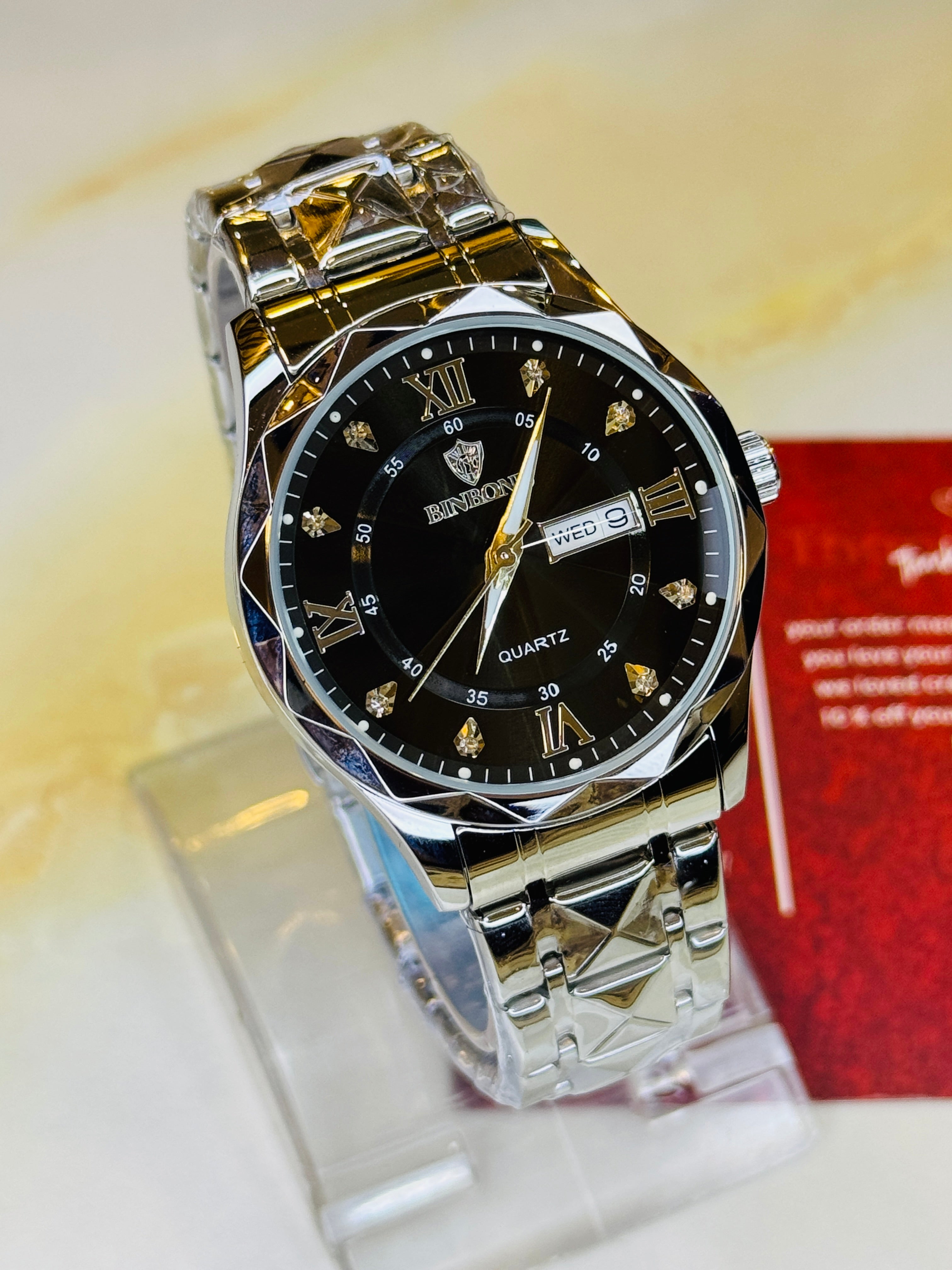 Silver Black Binbond Diamond Dial Watch