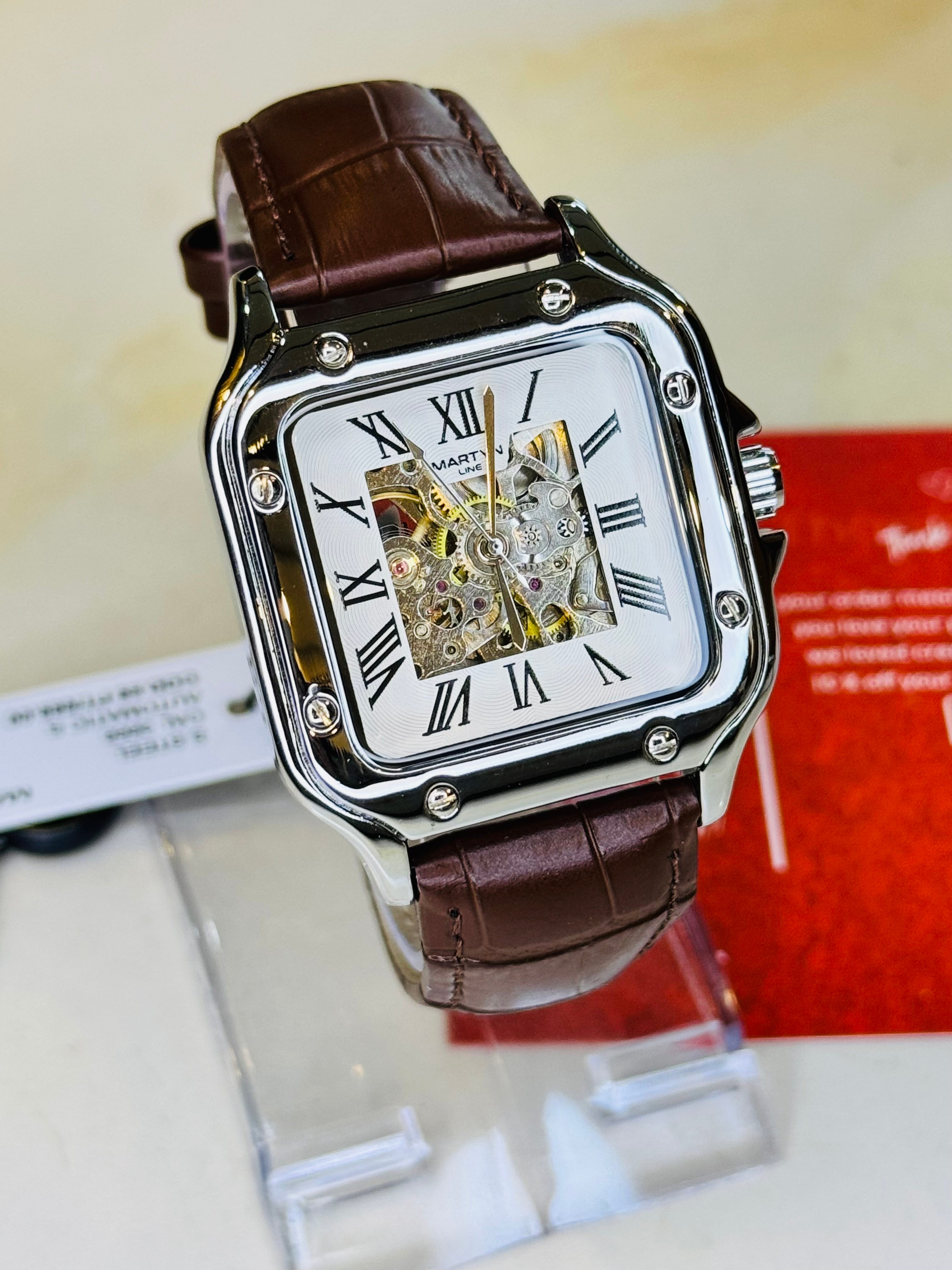 Brown silver Tank Automatic Skeleton Watch