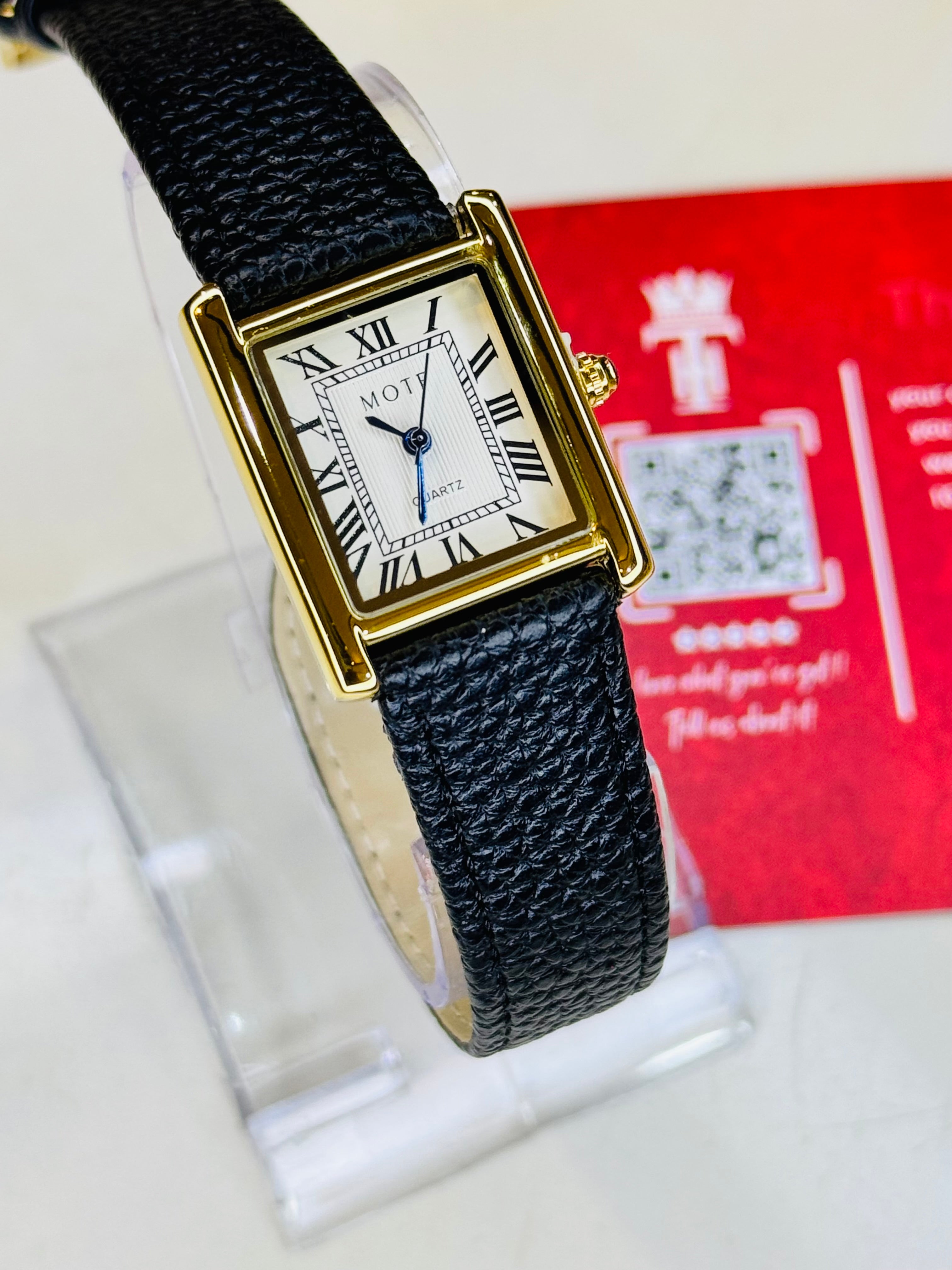 Black Gold Leather Tank Watch For Her