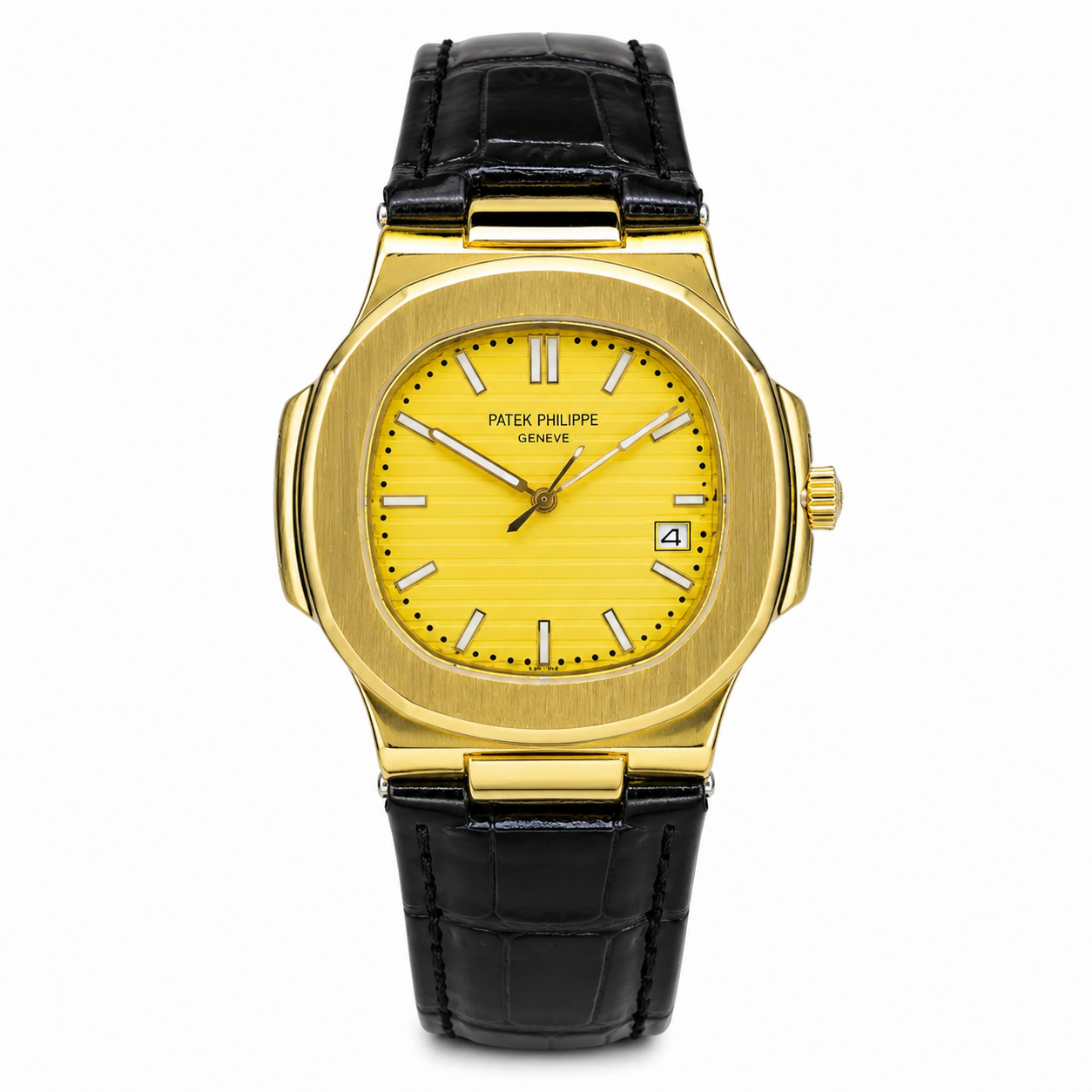 PP Black Leather Strapped Gold Nautilus Watch