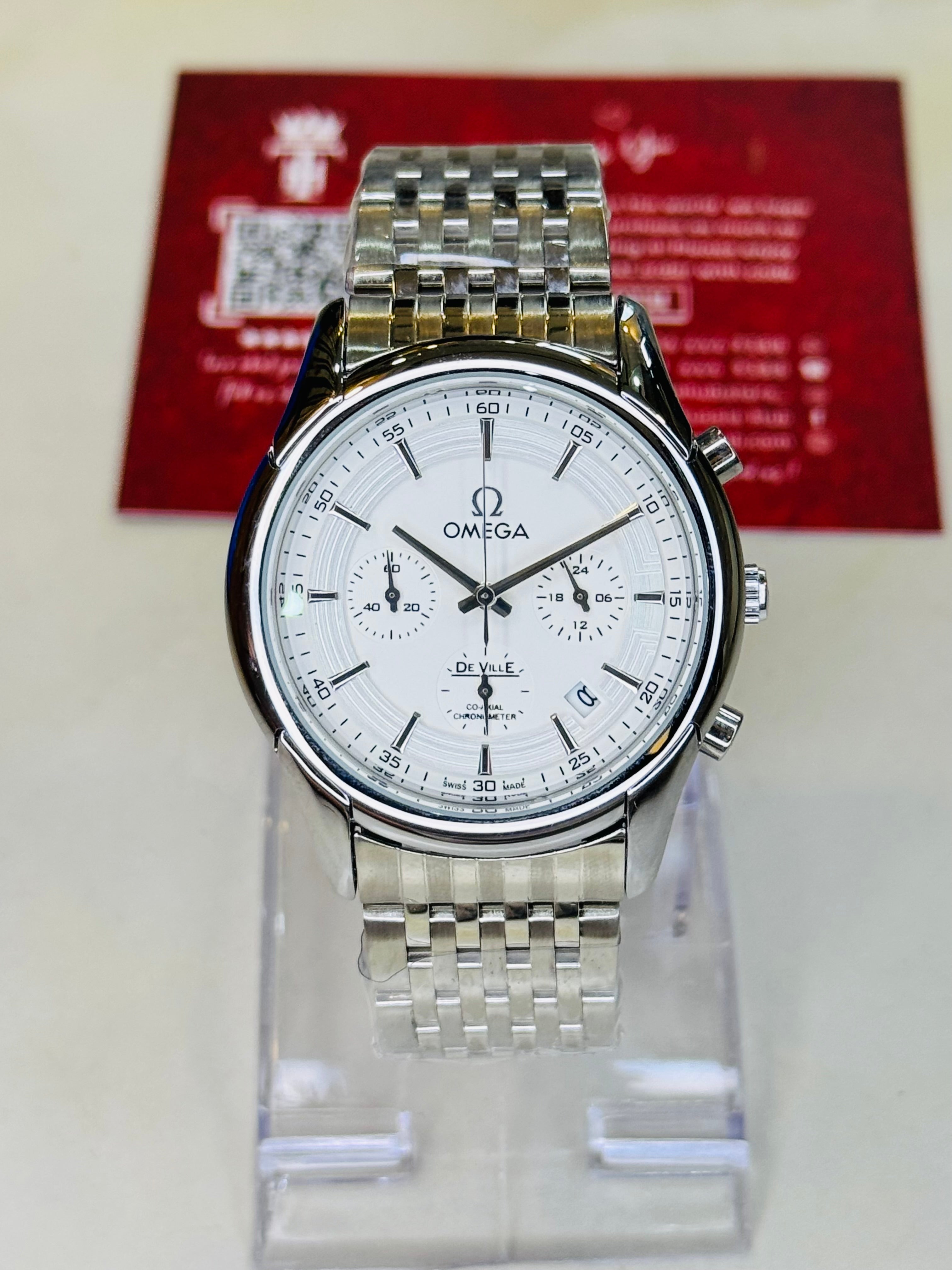 Omega De Ville Silver White Chronograph Watch