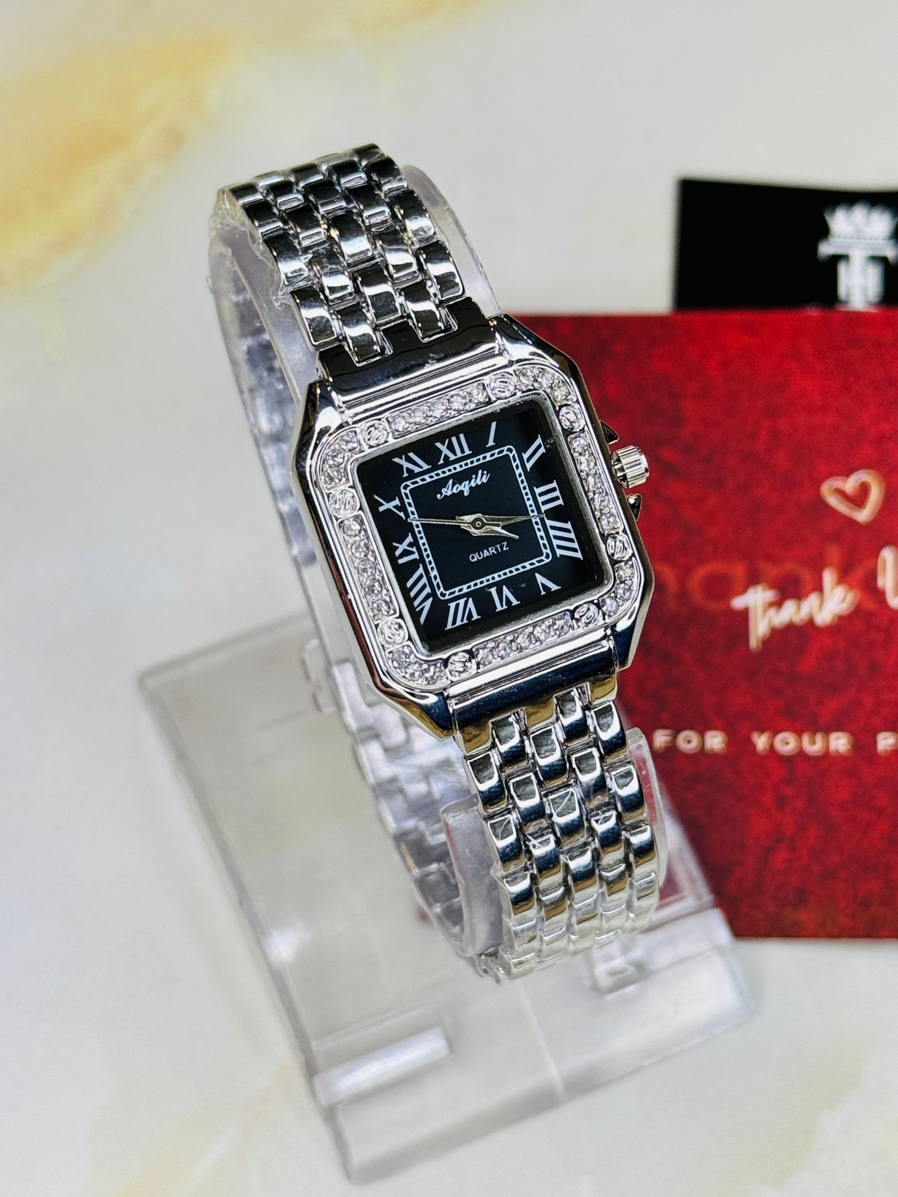 Silver Black Zircon Santos Watch For Her