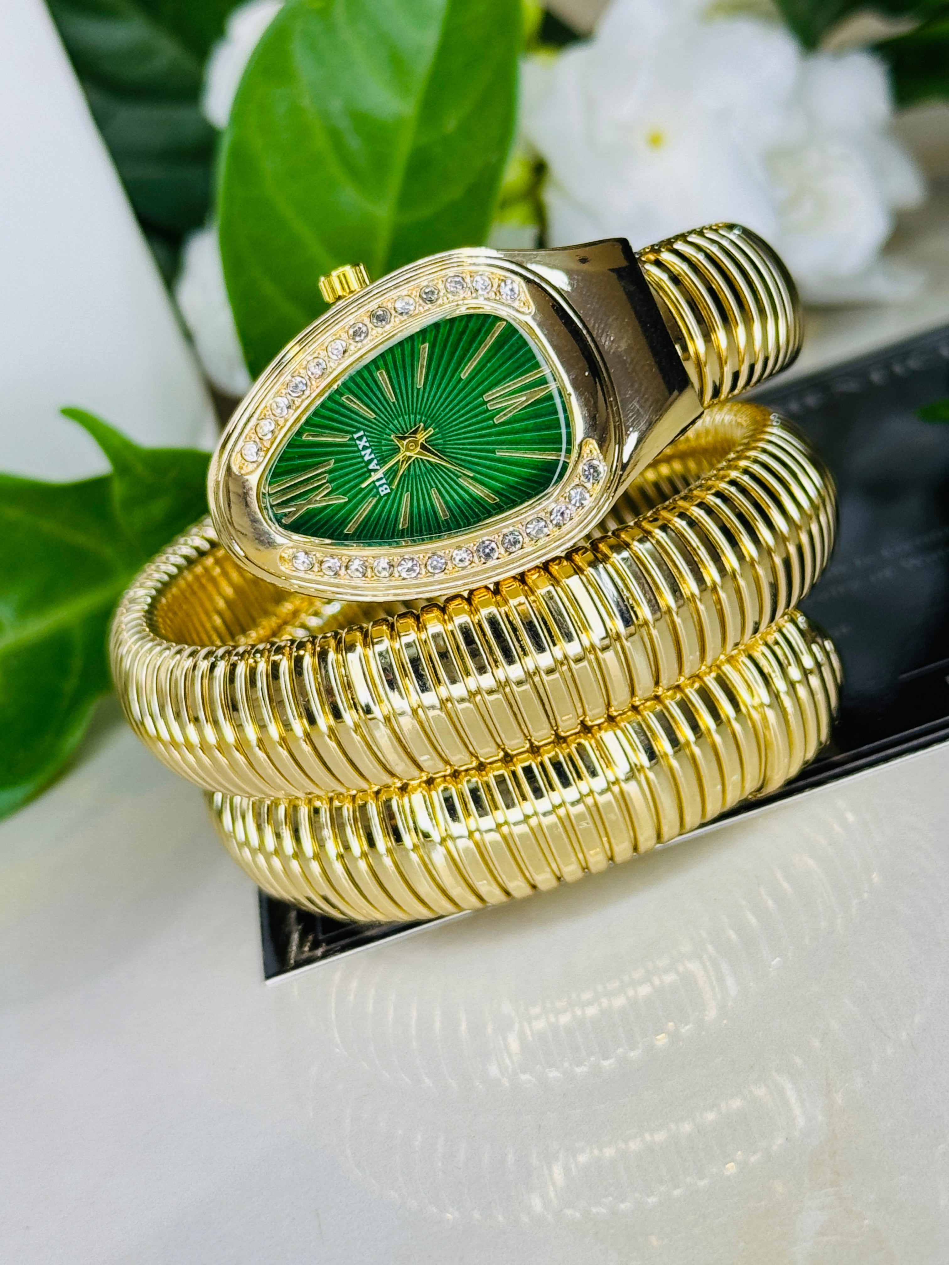 Gold Emerald Serpentine Watch For Her