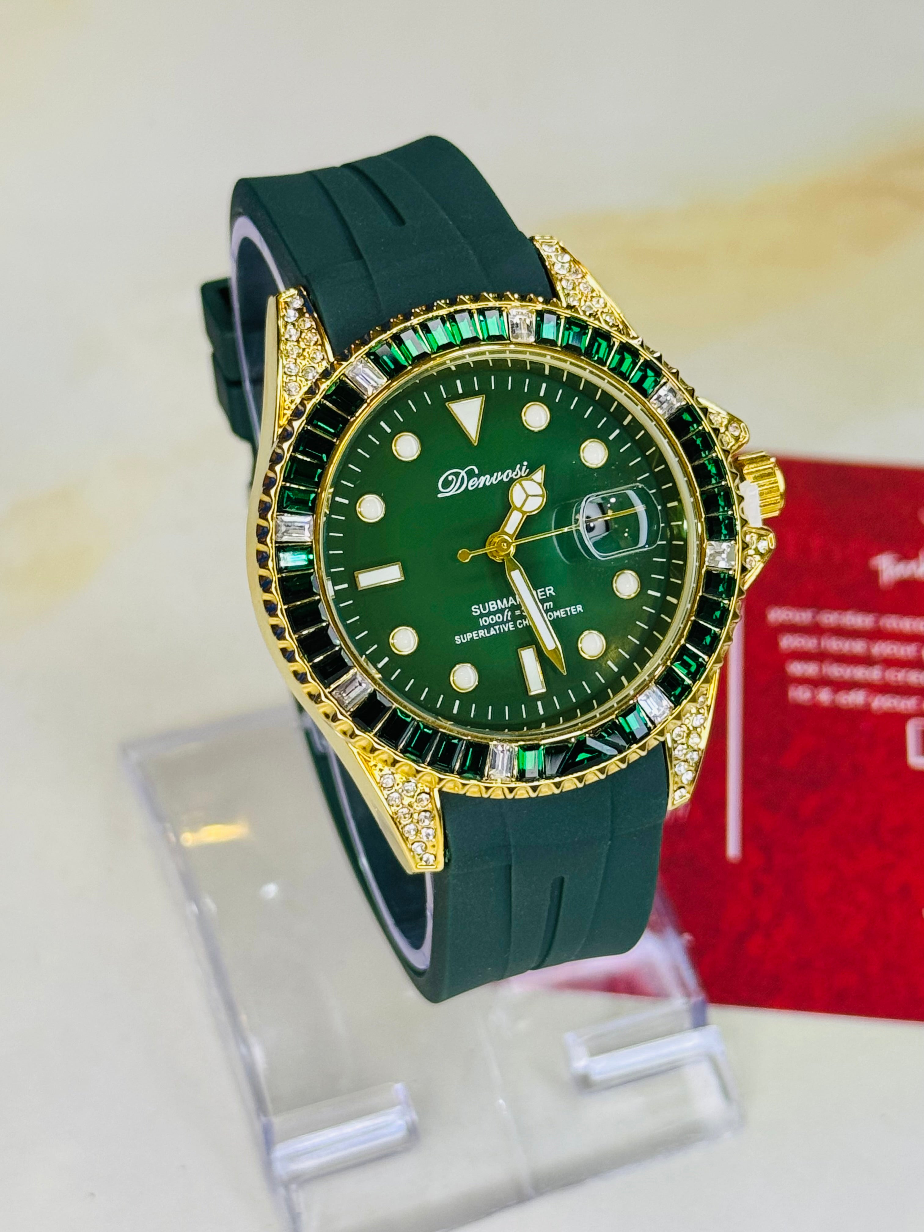 Gold Emerald Gem Stones Bezel Watch
