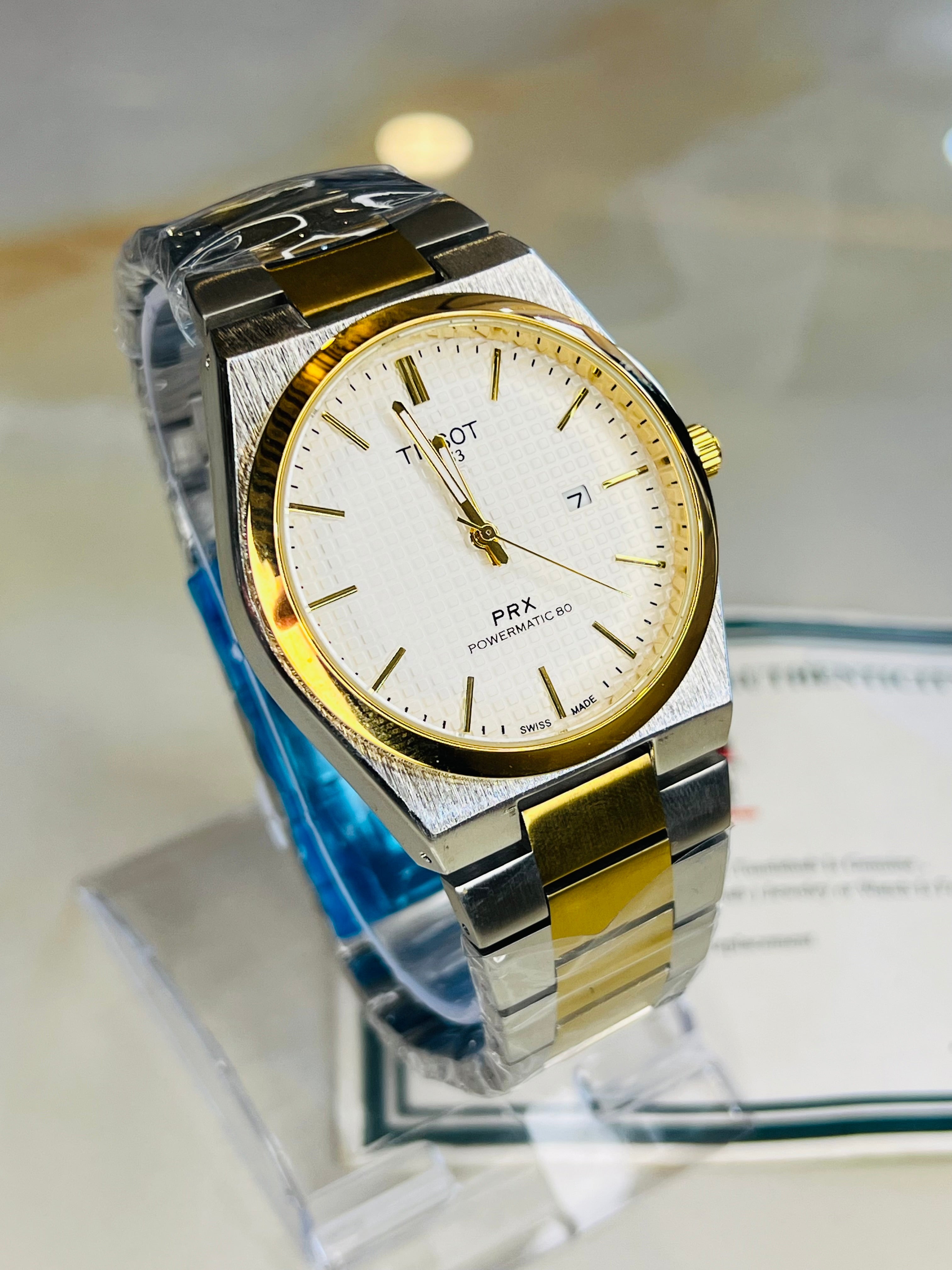 Tissot PRX 1853 Gold Silver With Textured White Dial Watch