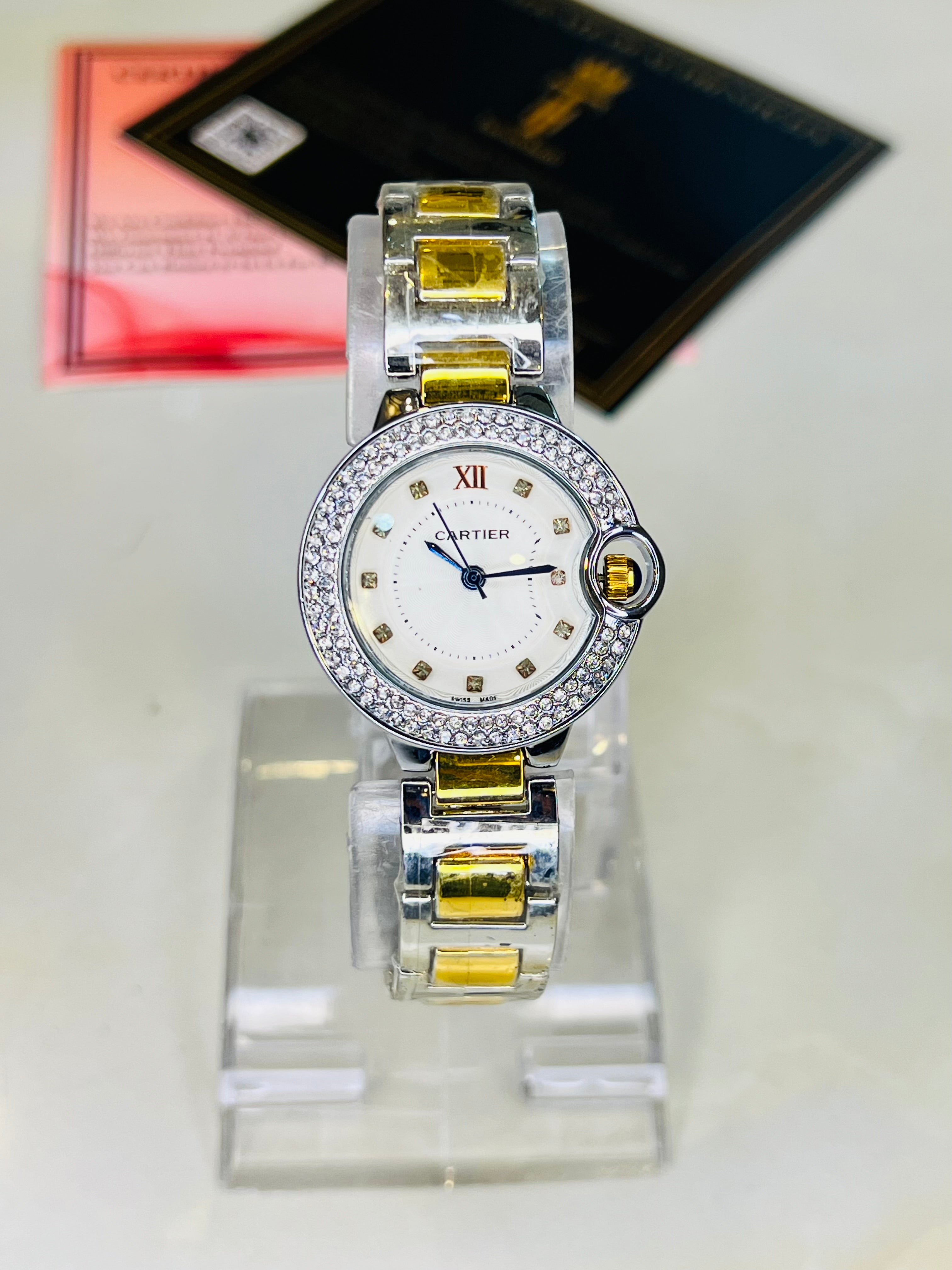 Cartier Silver Gold White iced Dial Watch For Her