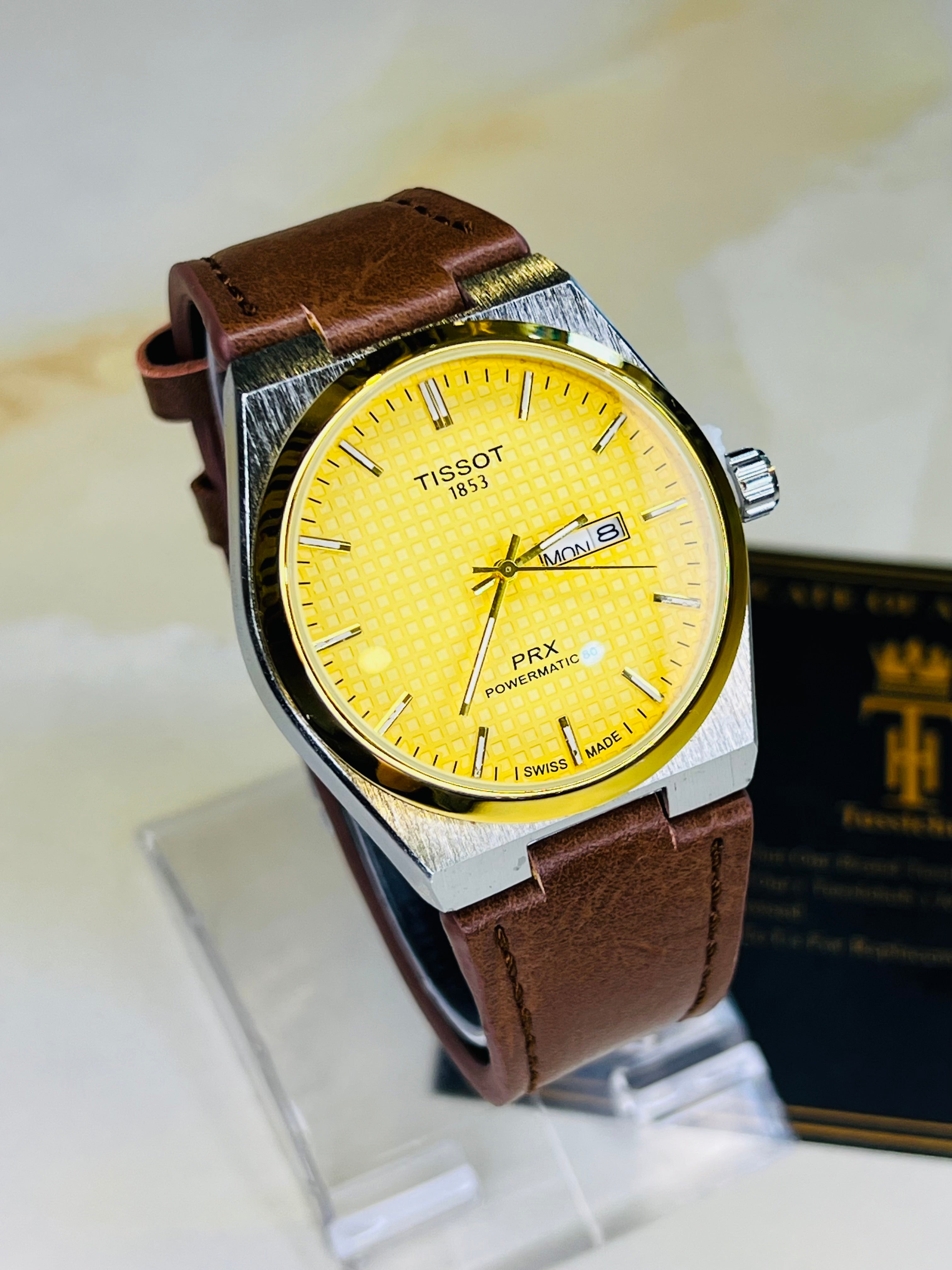 Brown Leather Strapped Tissot PRX Silver Gold Dial Watch