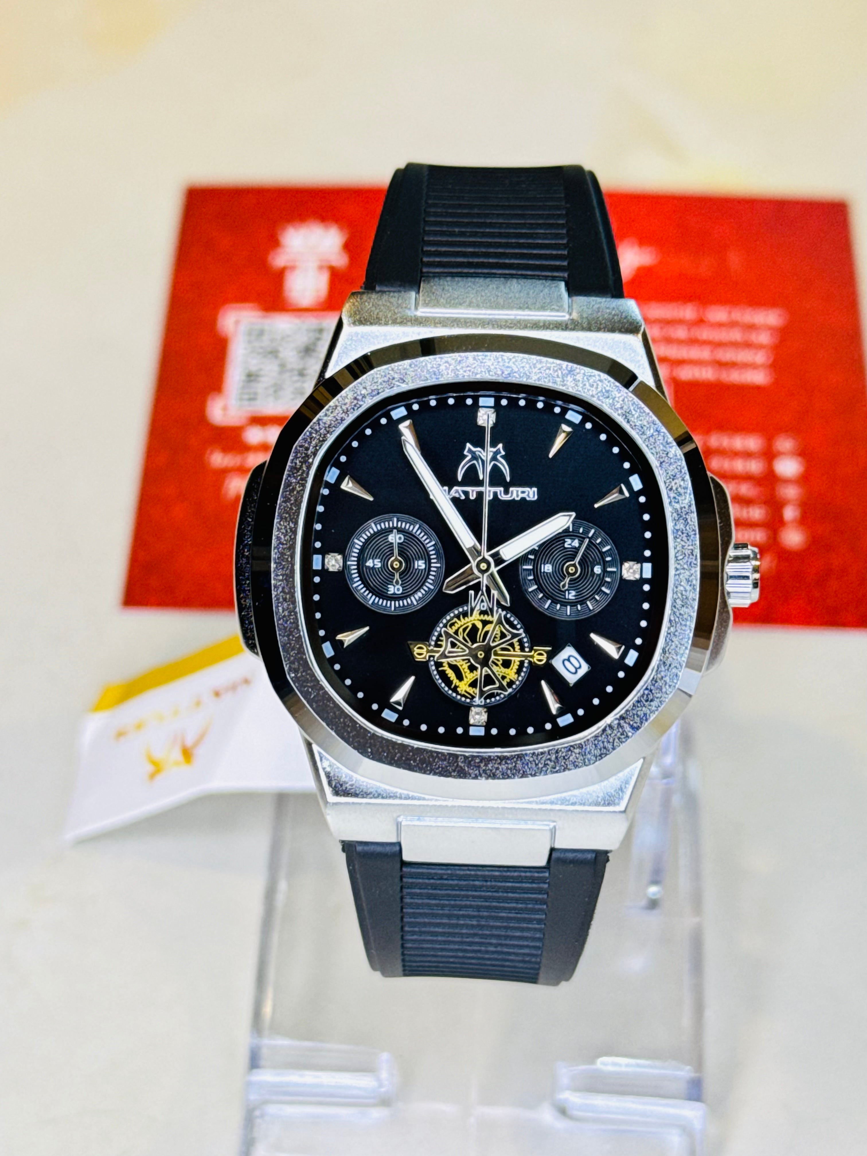 Matturi Black Silver Silicone Chronograph Watch