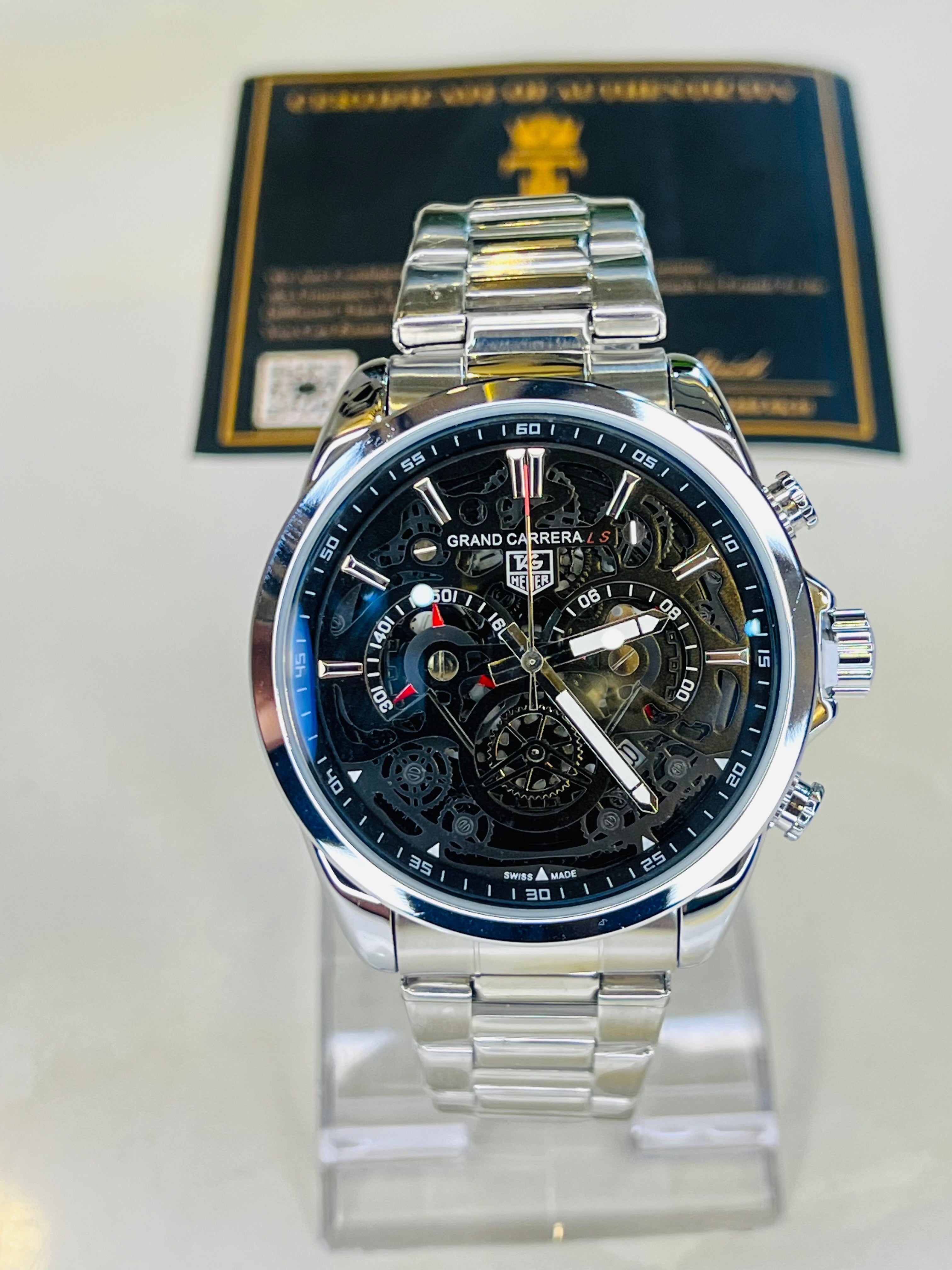 Silver Black Grand Carrera Chain Strap Chronographs Watch