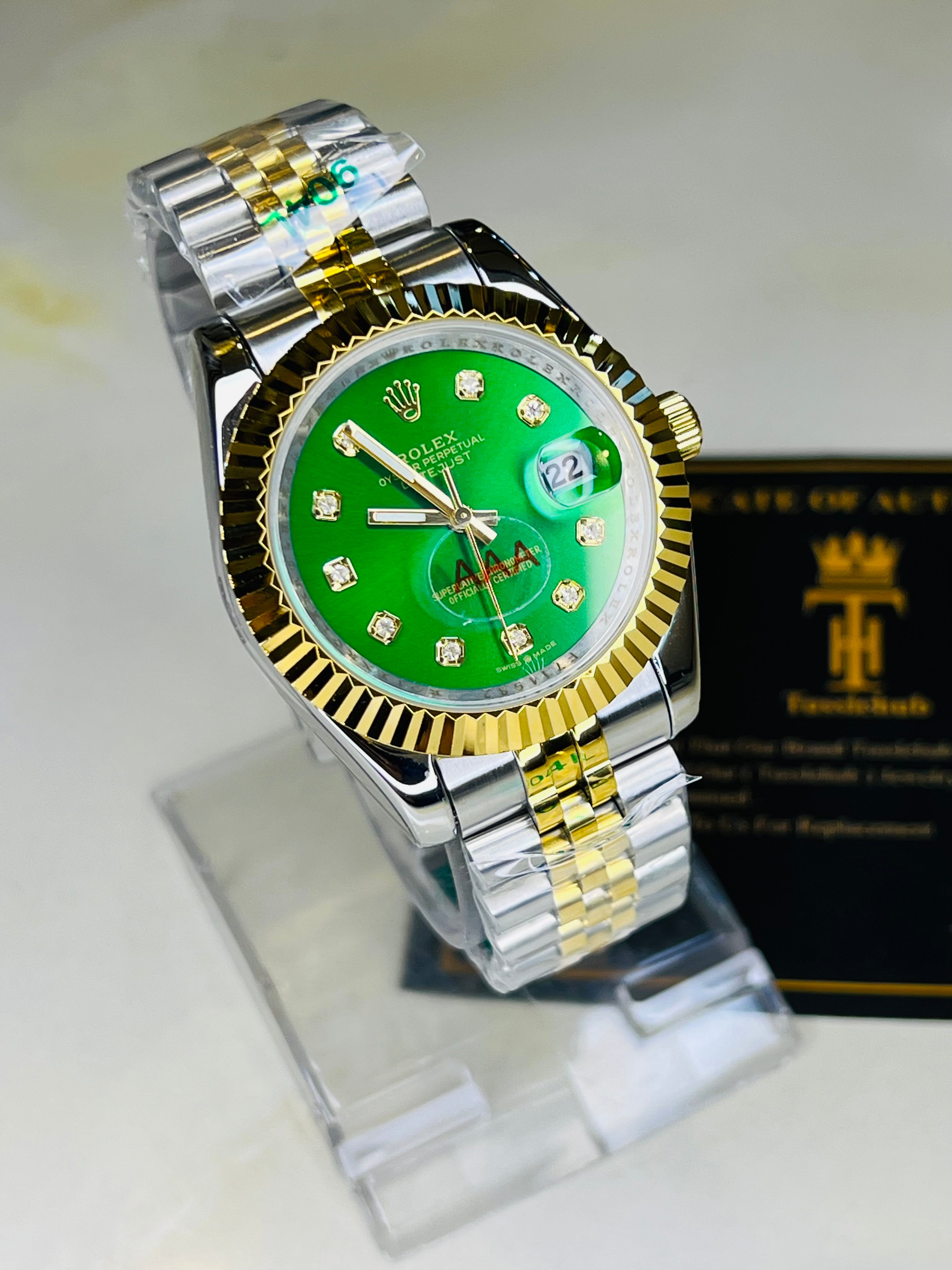Jubilee Date Just Two Tone Fluted Bezel Emerald Dial Quartz Watch