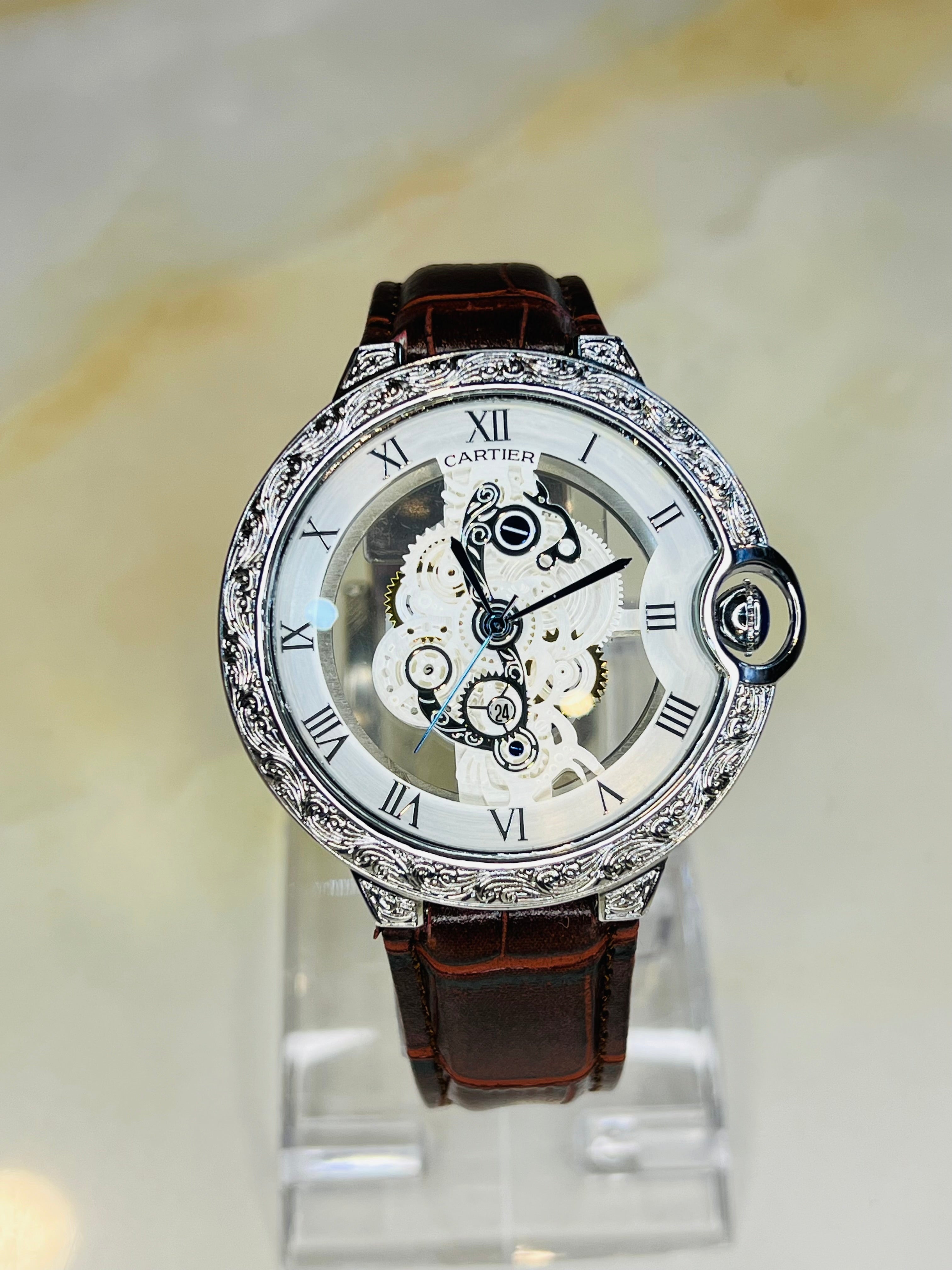 Brown Silver Engraved Skeleton Dial Watch