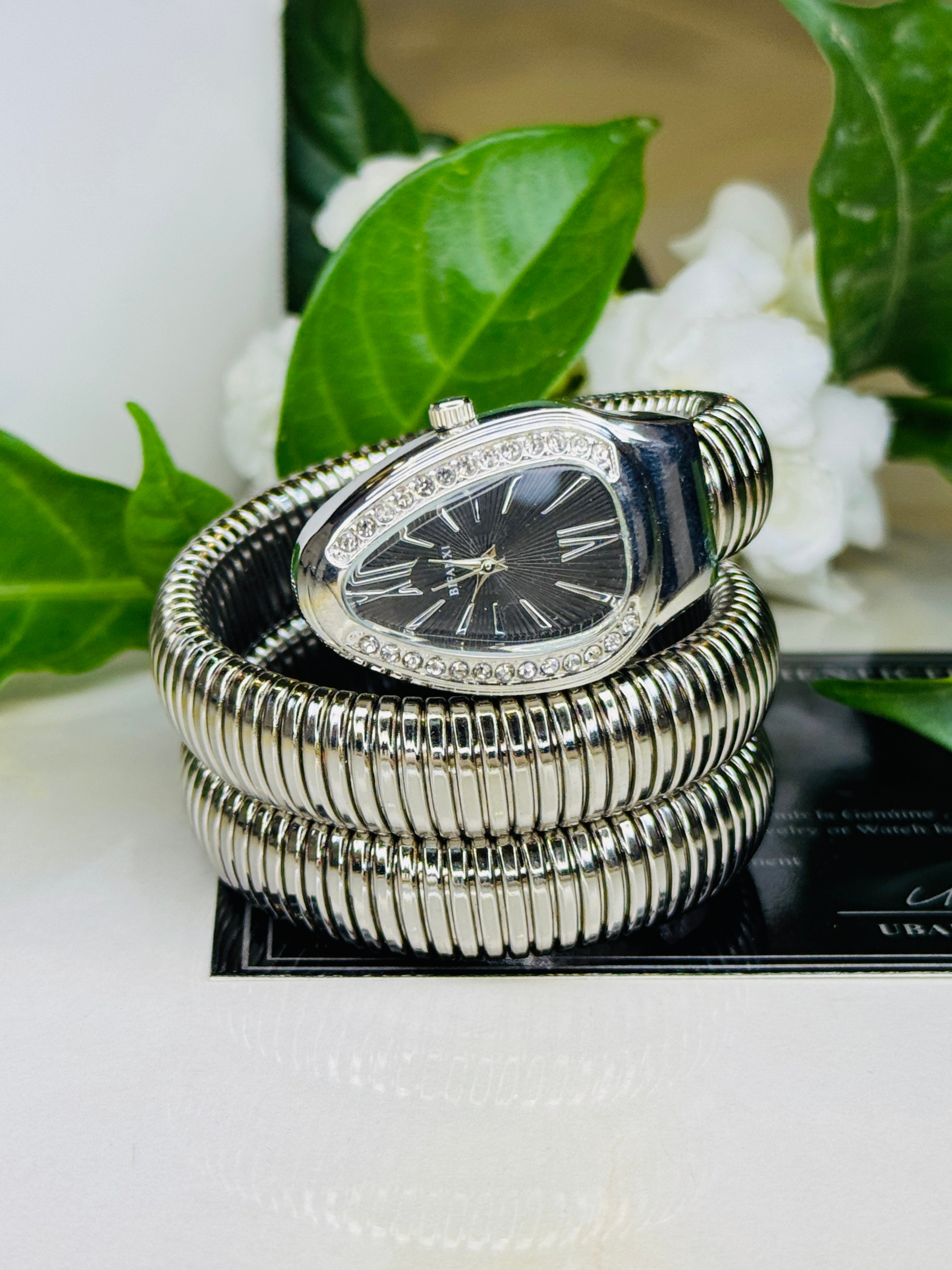 Silver Black Serpentine Watch For Her