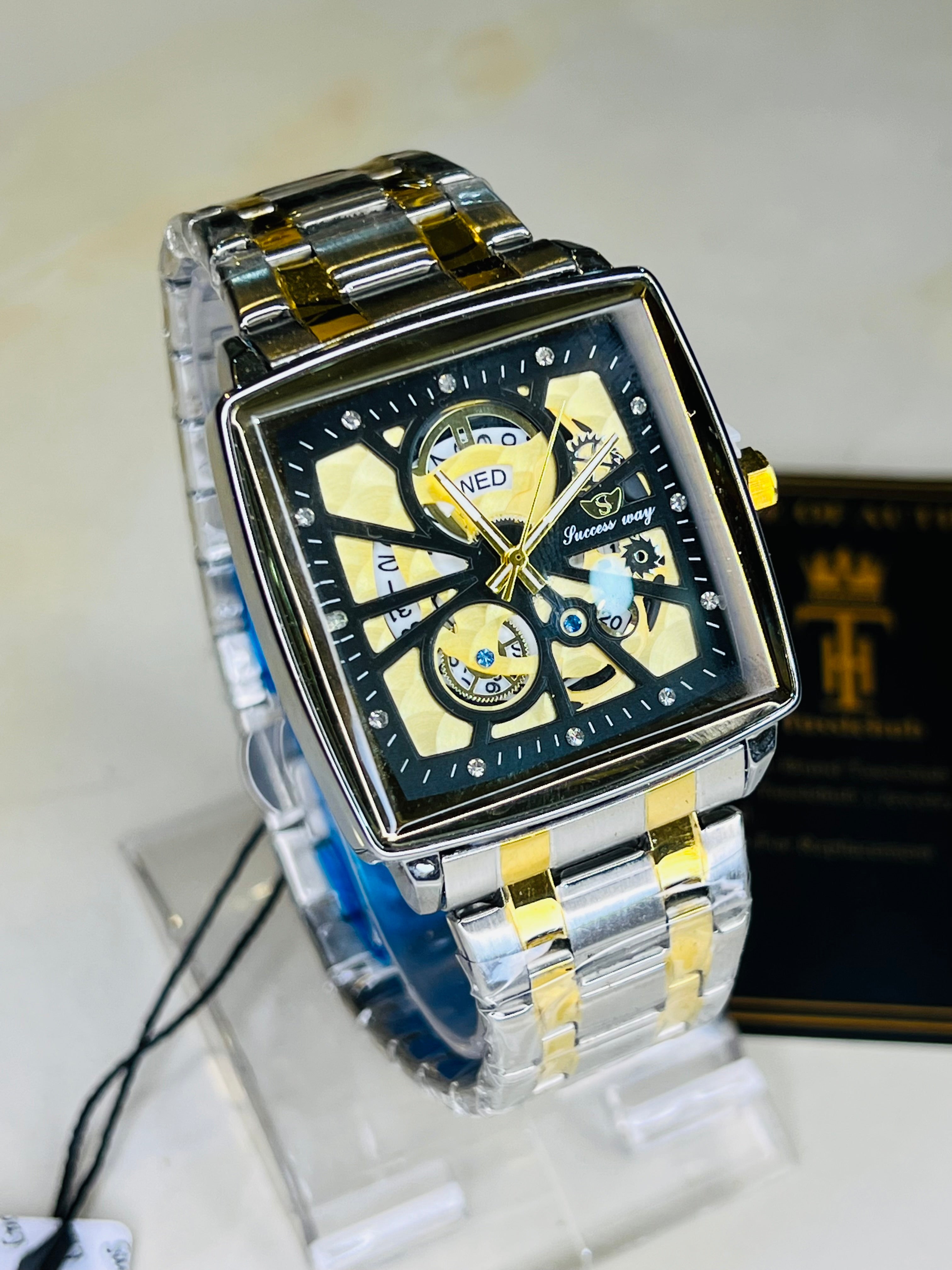 Success Way Two Tone Square Skeleton Dial Watch
