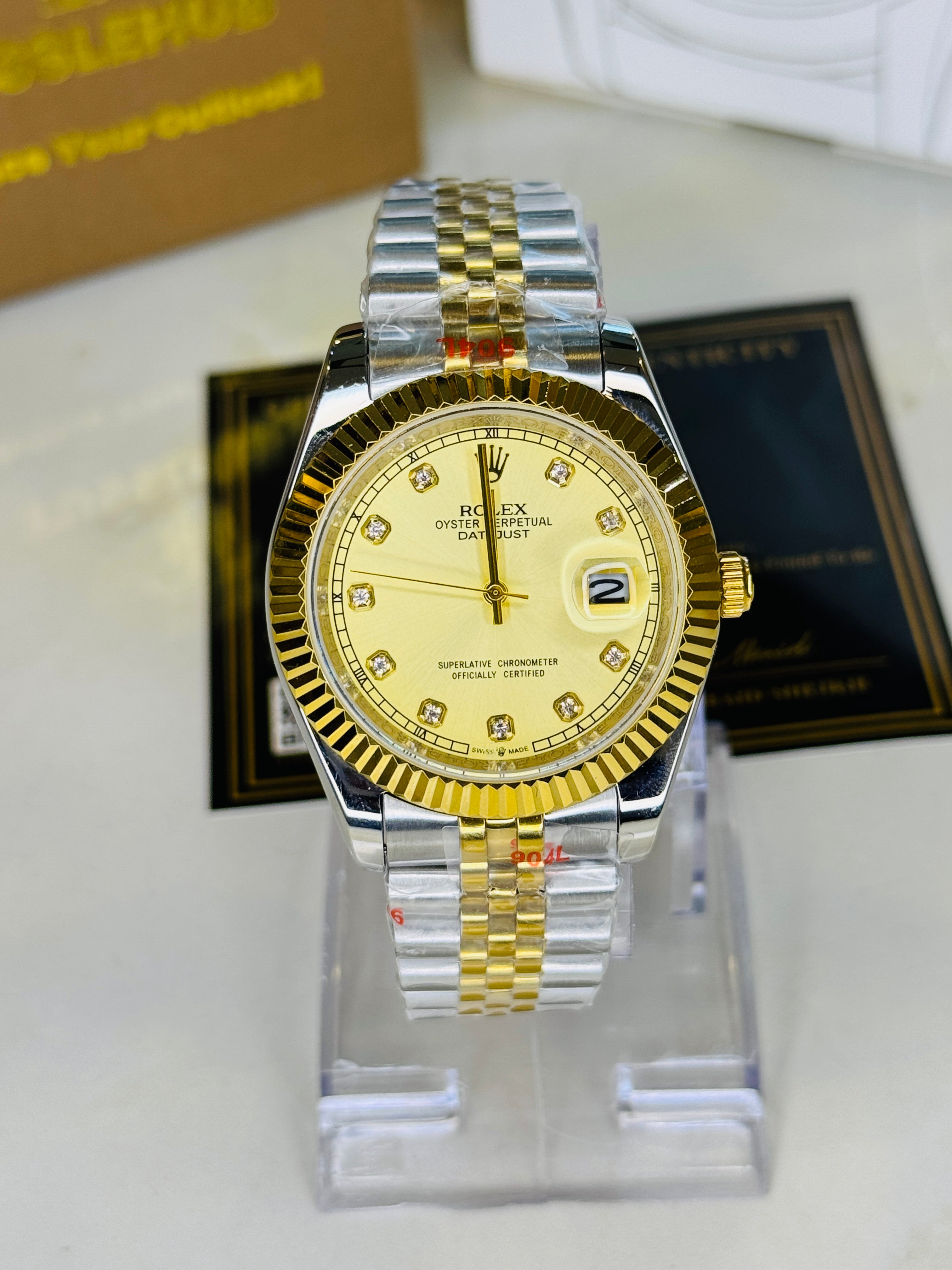 Jubilee Date Just Two Tone Diamond Fluted Gold Dial Quartz Watch