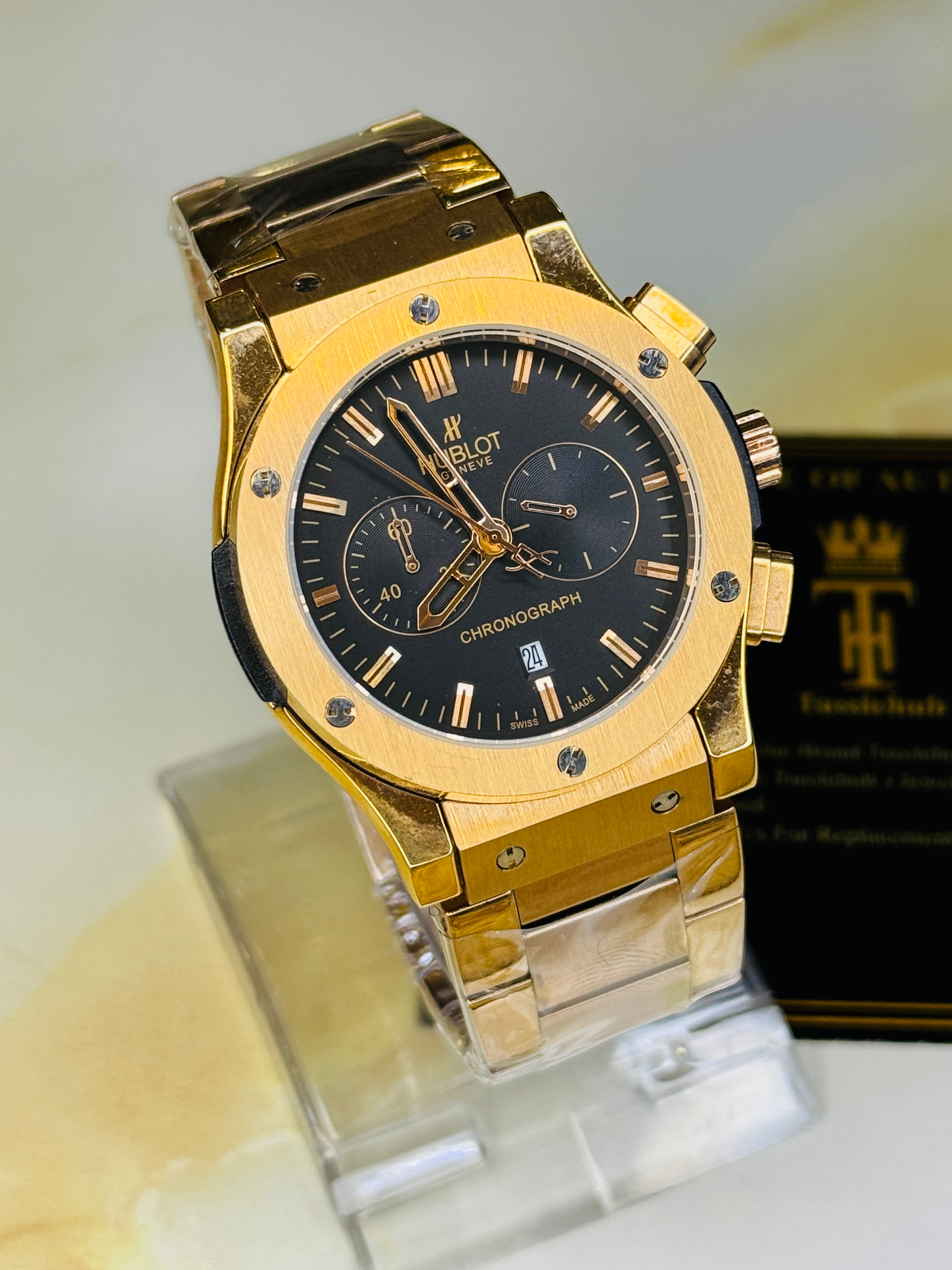 Minimal Rose Gold Black Dial Super Clone Chronograph Hublot Watch