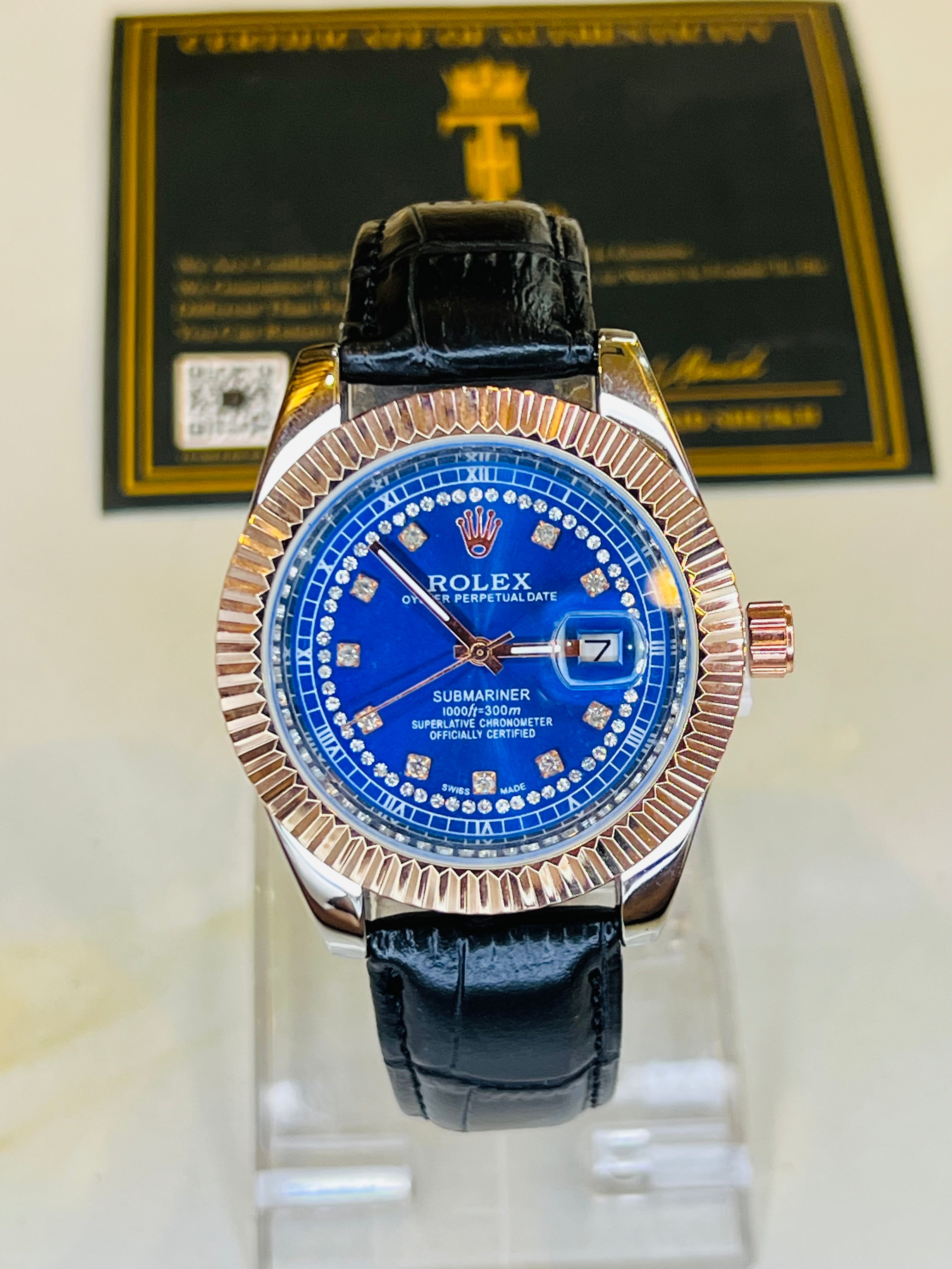 Black Rose Gold Sapphire Leather Rolex Watch