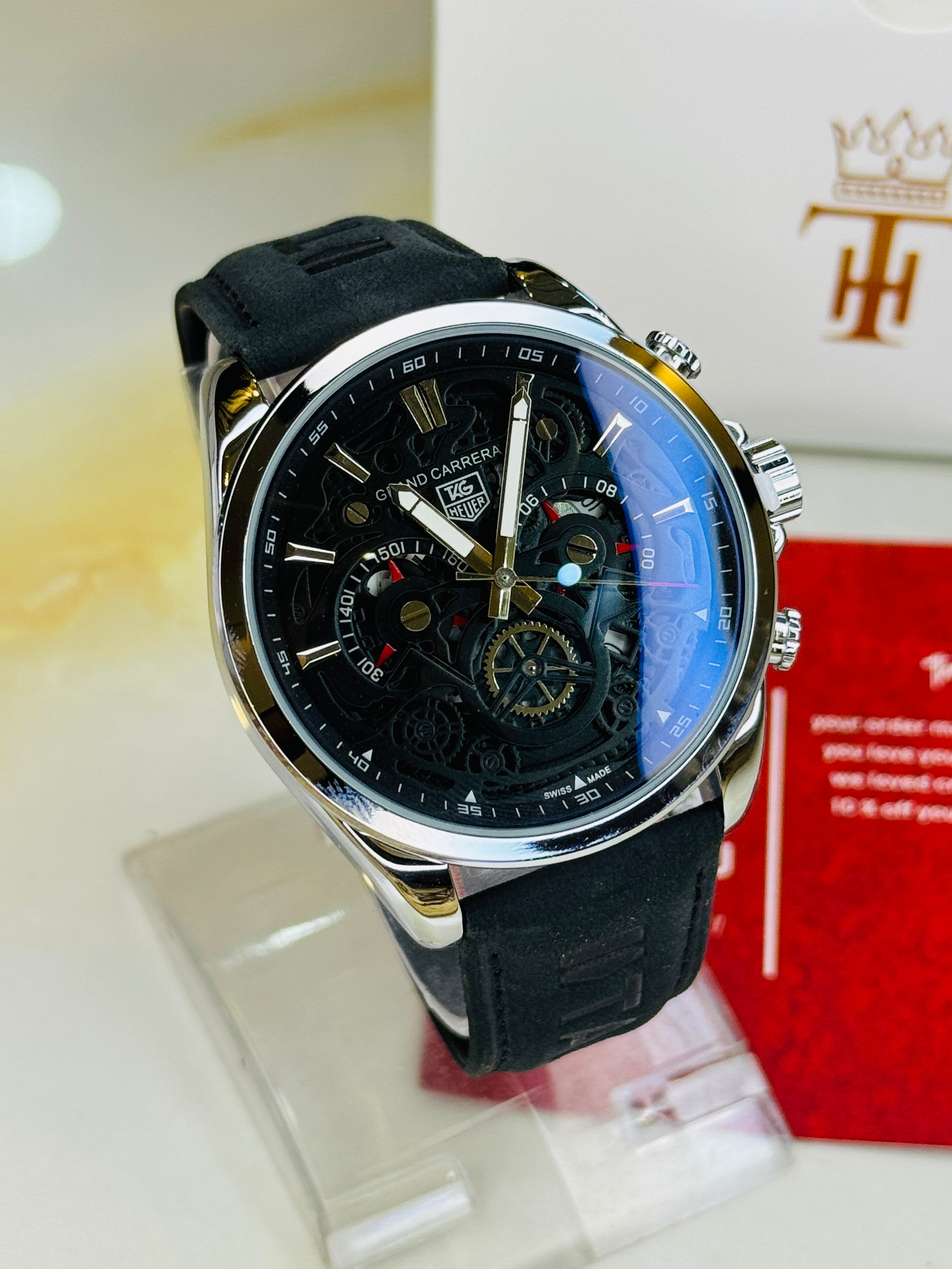 Silver Black Grand Carrera Chronographs Leather Watch