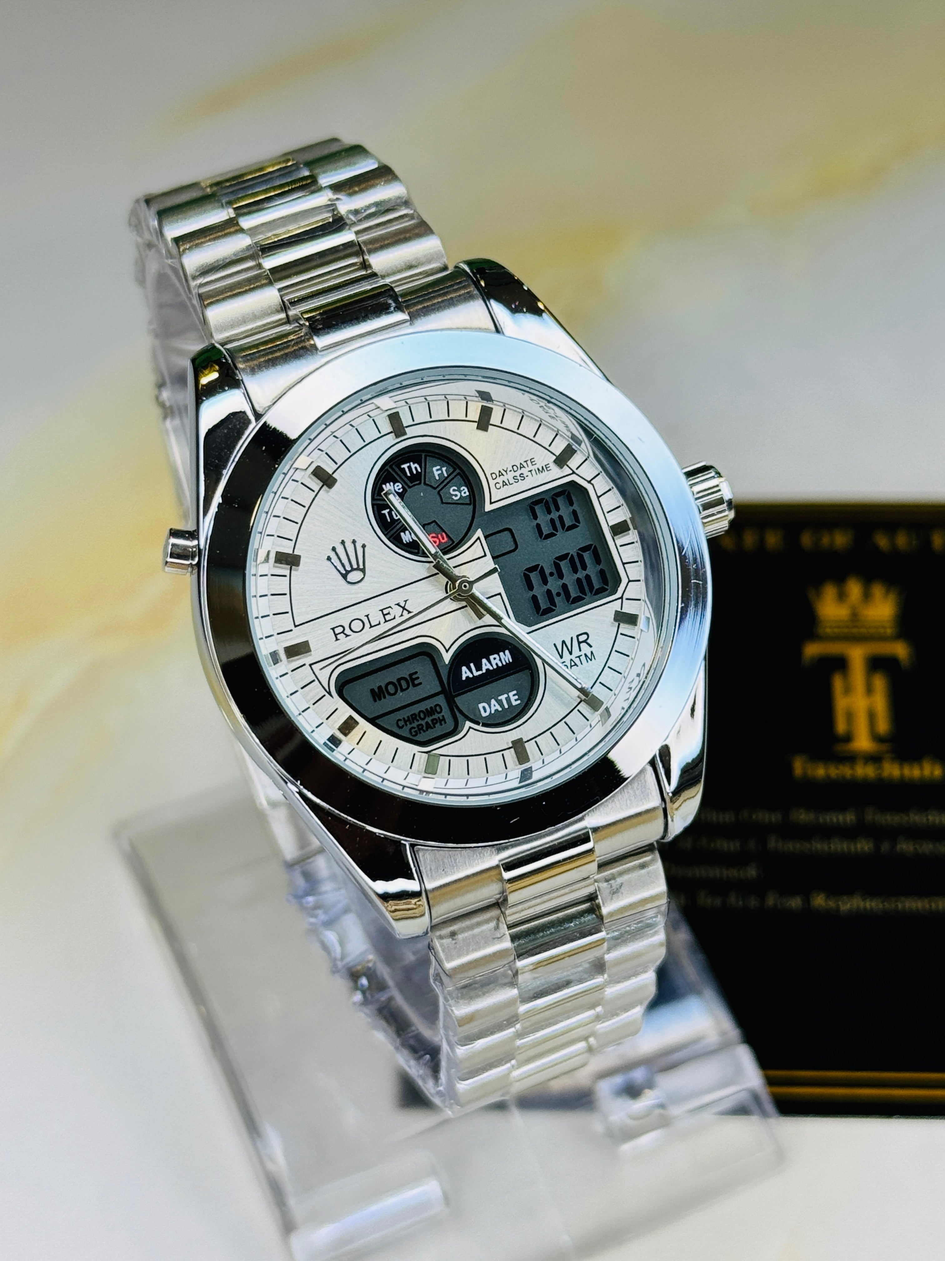 Premium Dual Time Silver White Dial Watch