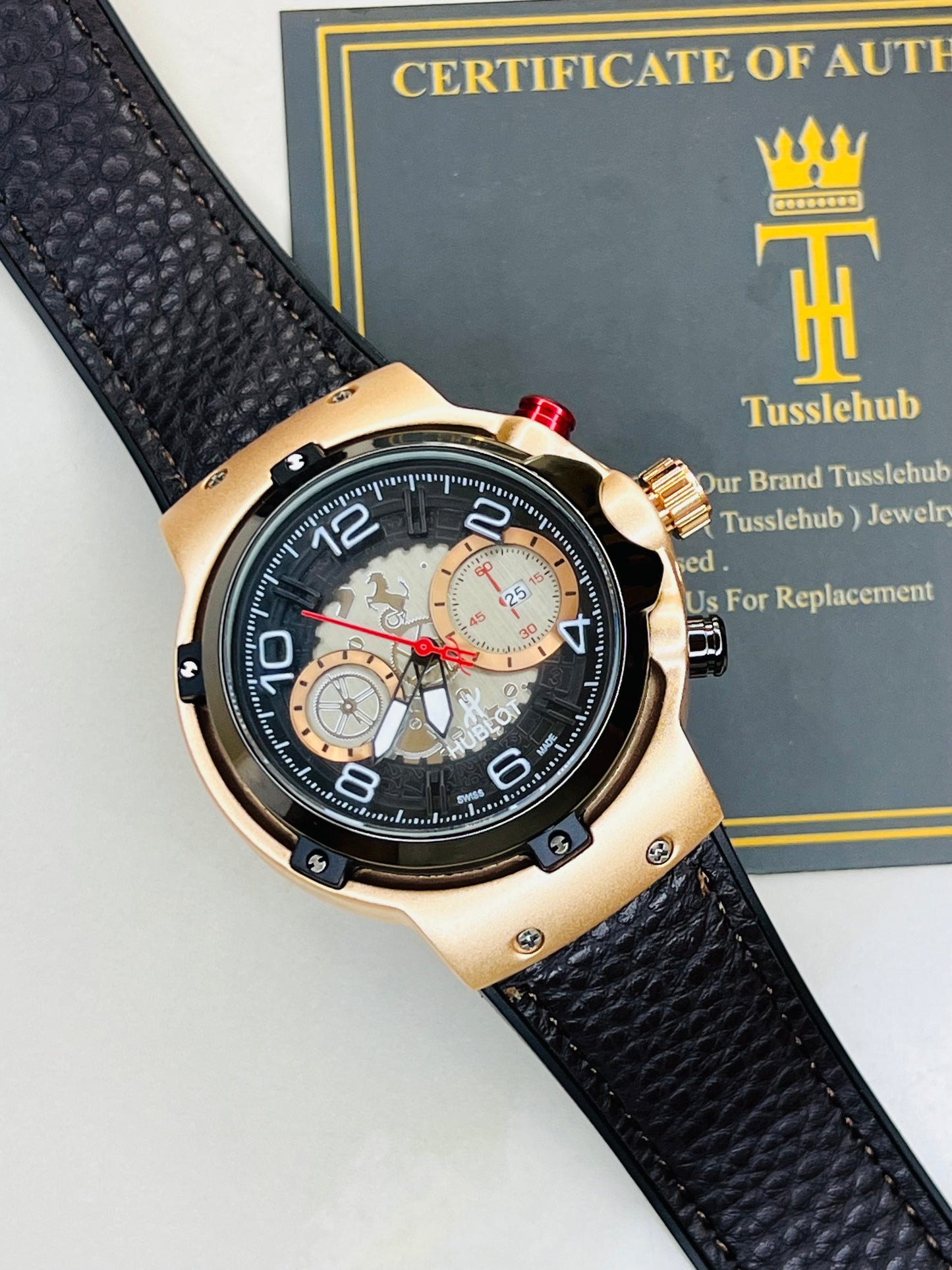 Leather Round Gold Black HB Watch