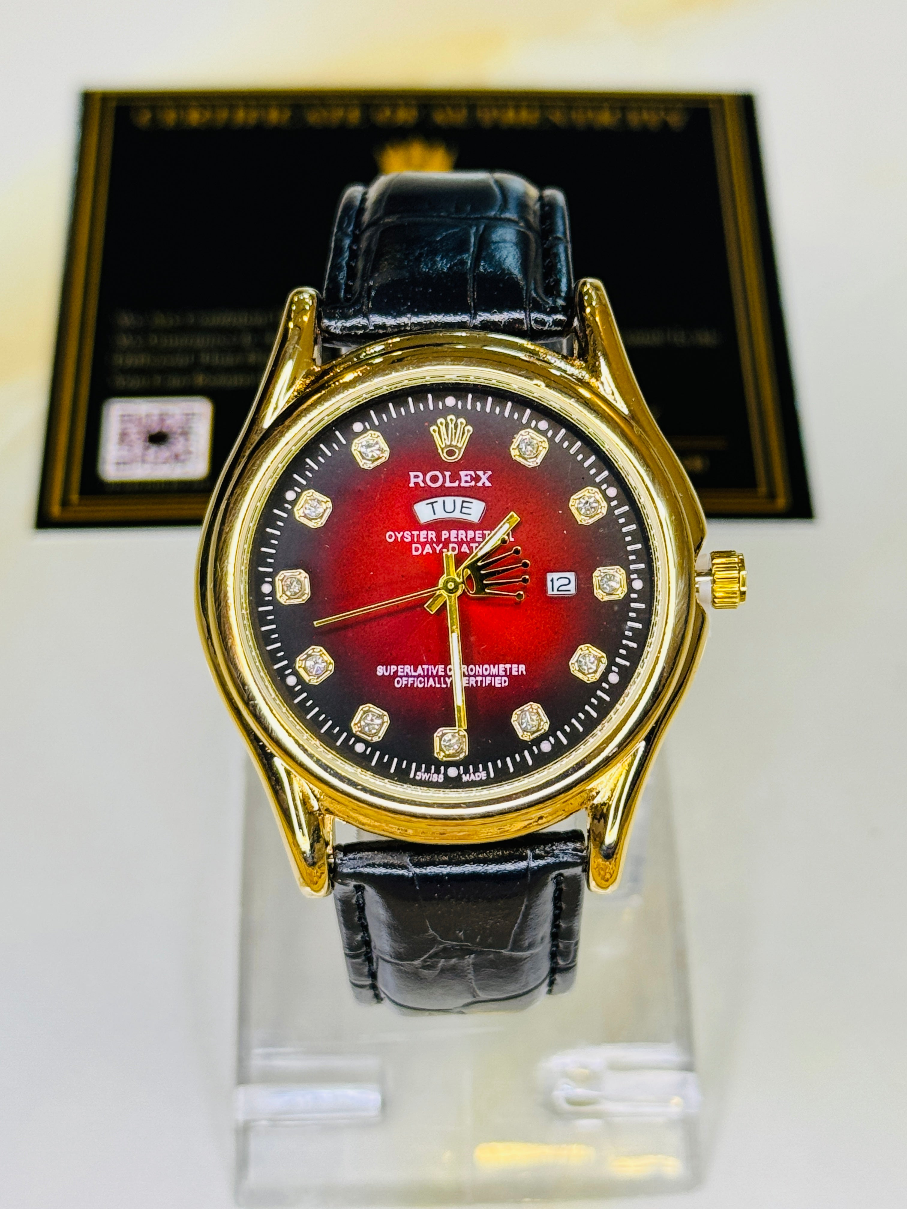 Black Gold Red Round Leather Rolex Watch