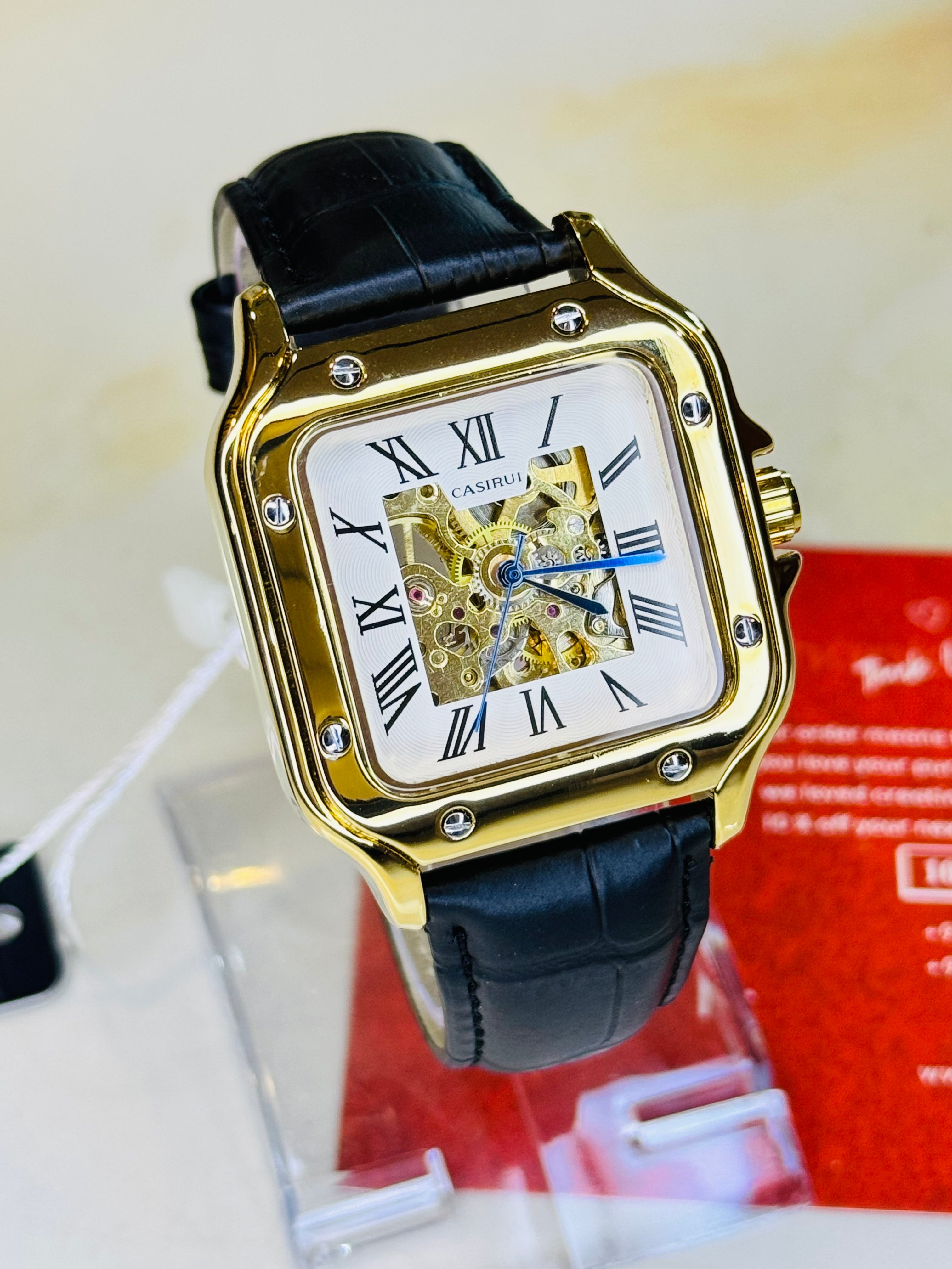 Black Gold White Tank Automatic Skeleton Watch