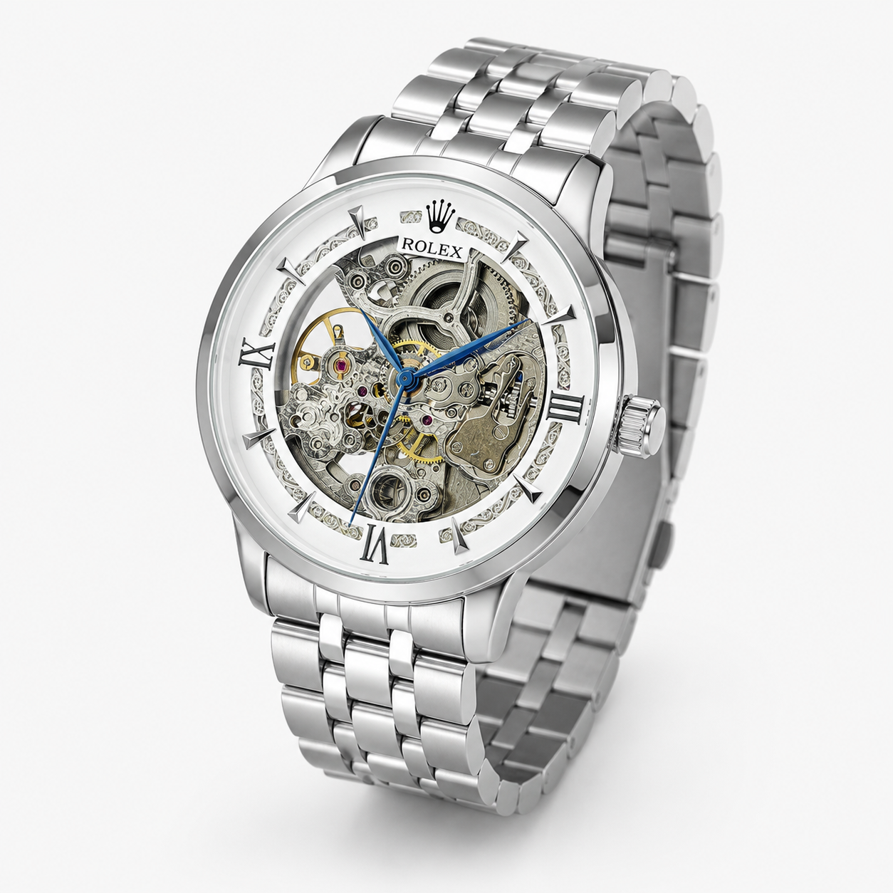 R-1 Silver White Chain Strap Skeleton Automatic Watch