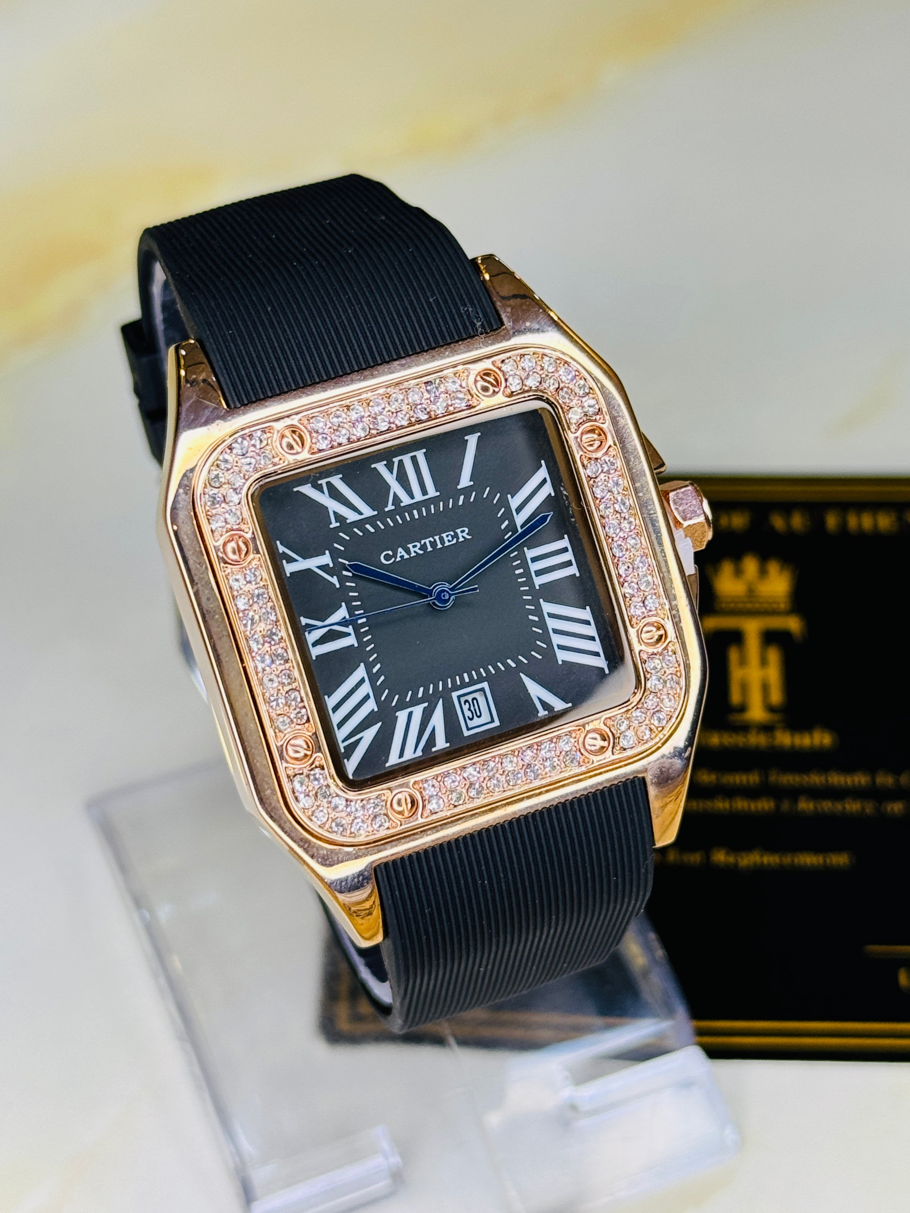 Rosegold Black Iced Tank Silicon Cartier Watch