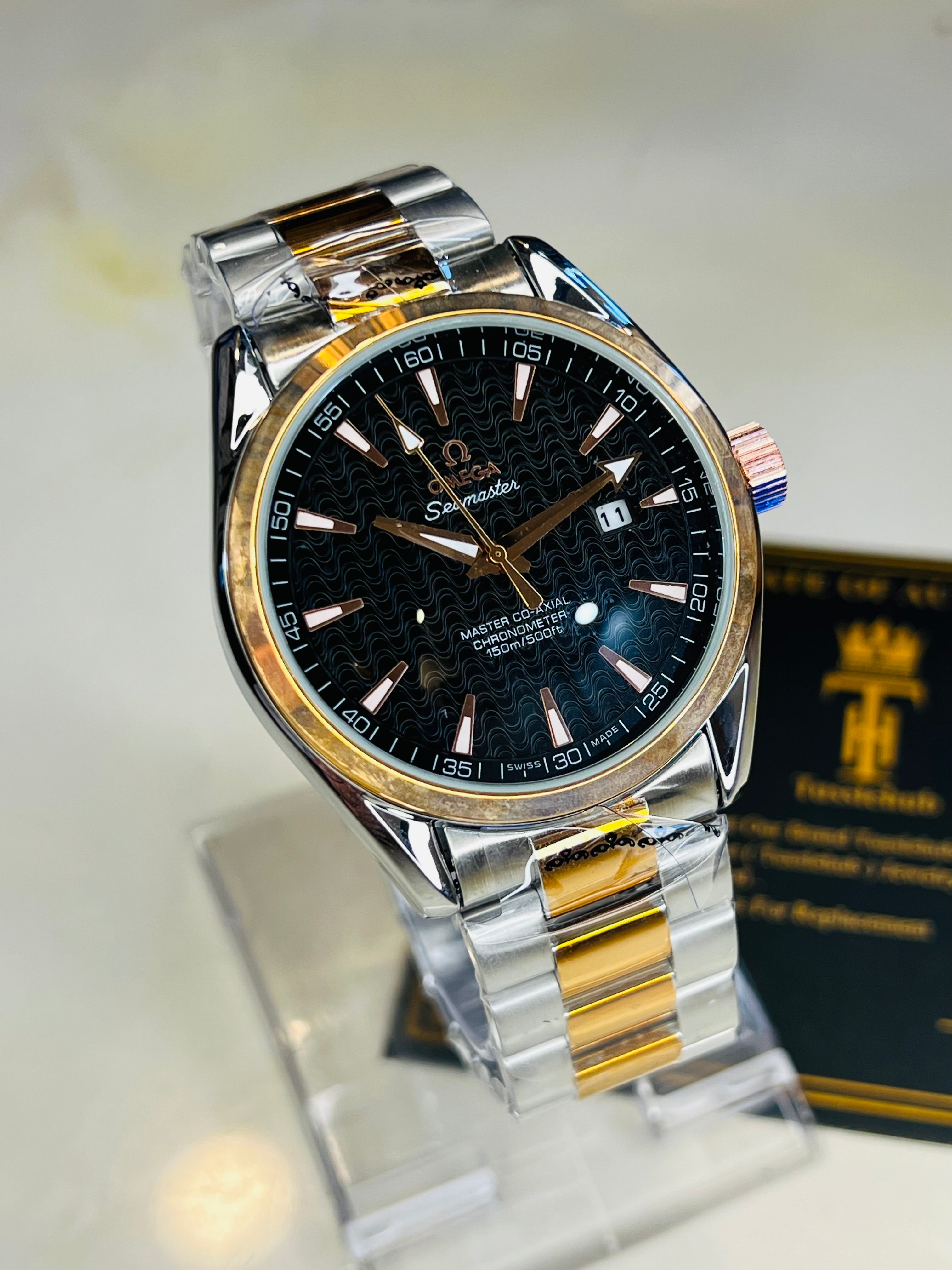 Automatic Sea Master Two Tone Black Dial Watch