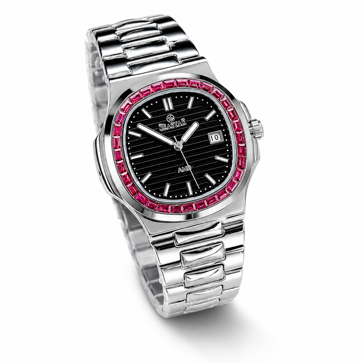 Slim Silver Black Ruby Zircon Seastar Watch